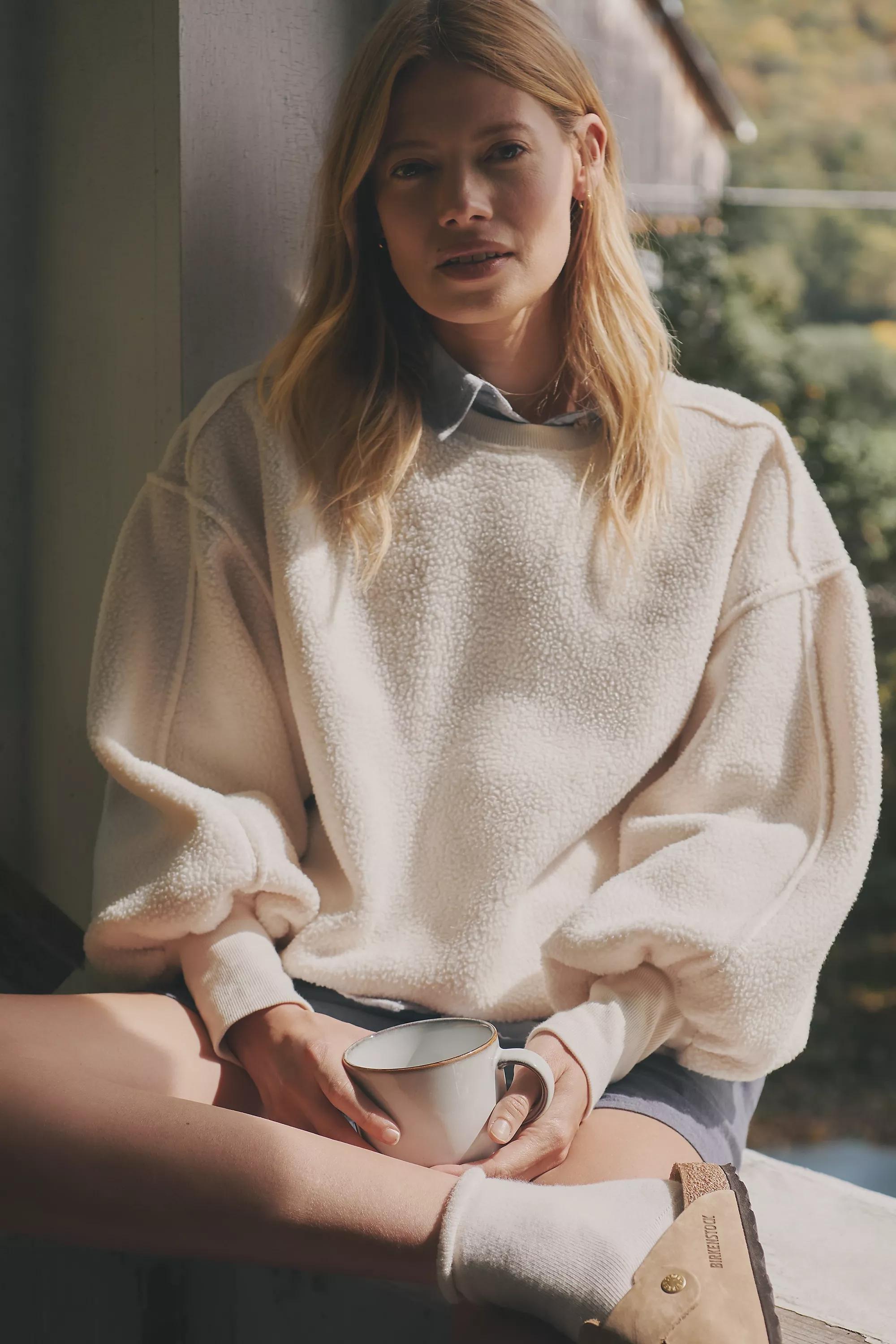 Anthropologie Oversized Casual Cropped Sweatshirt, Cream, , large image number 2