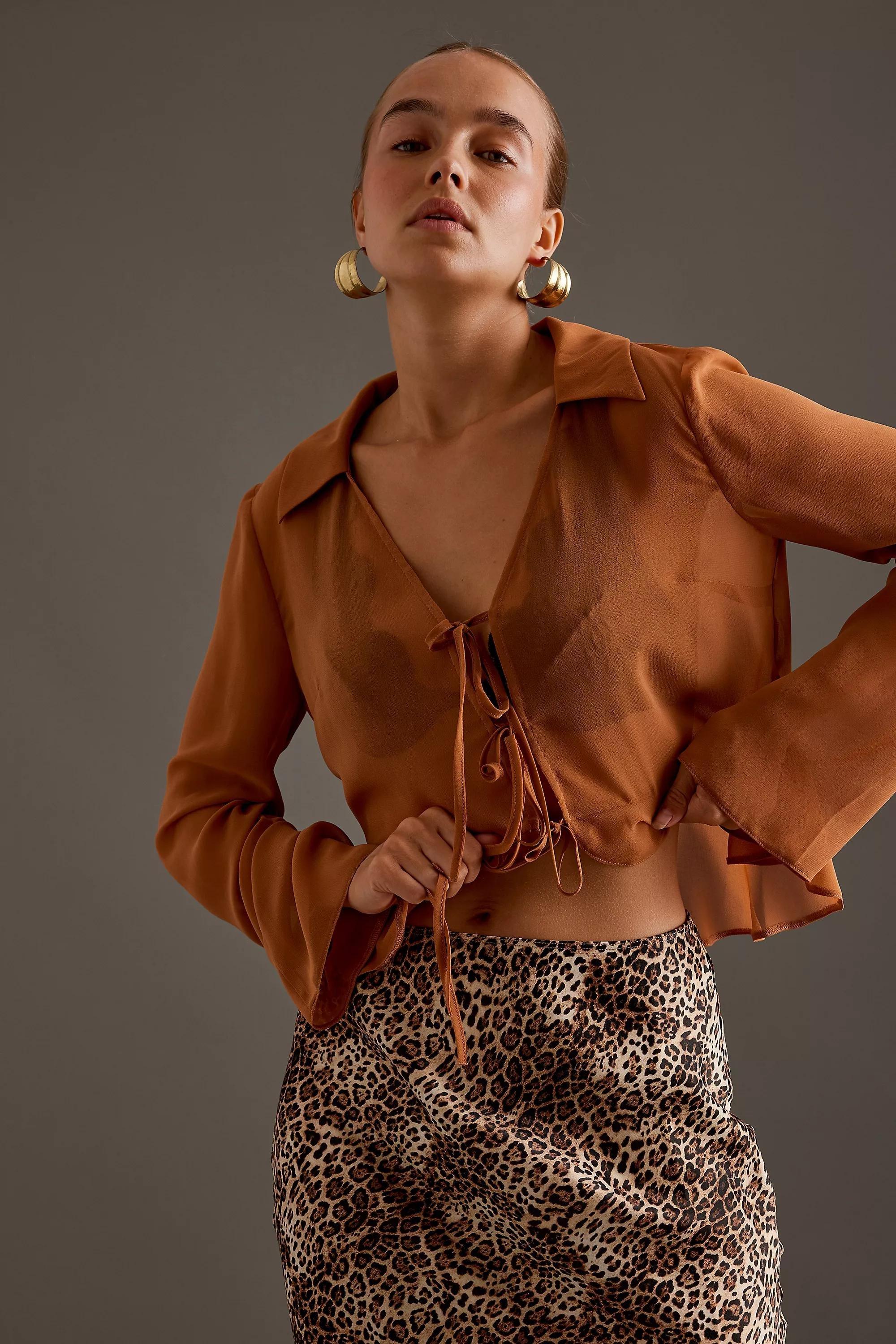 Ruffle Tie-Front Top, Brown, A501_0021, large image number 0