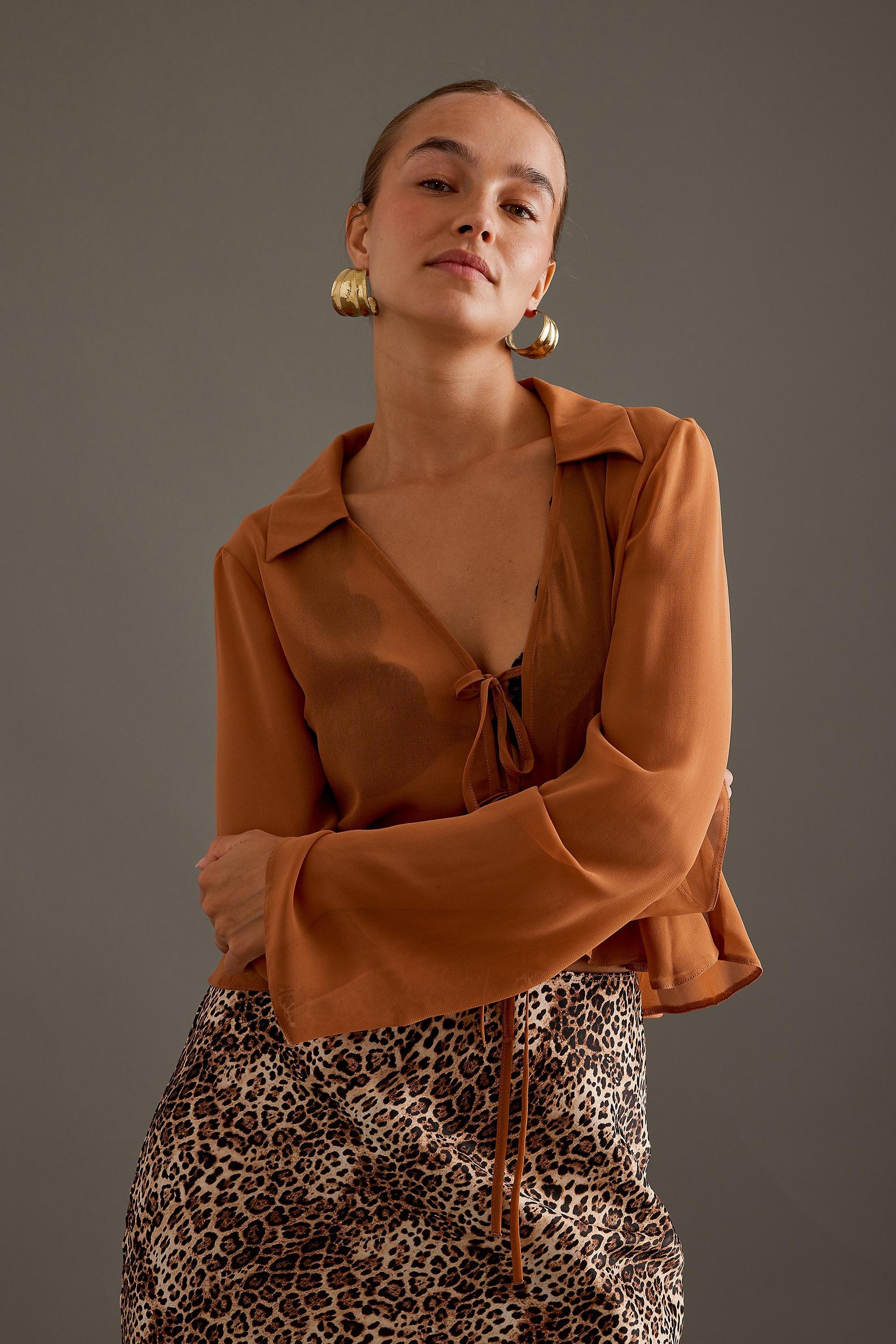 Ruffle Tie-Front Top, Brown, A501_0021, large image number 2