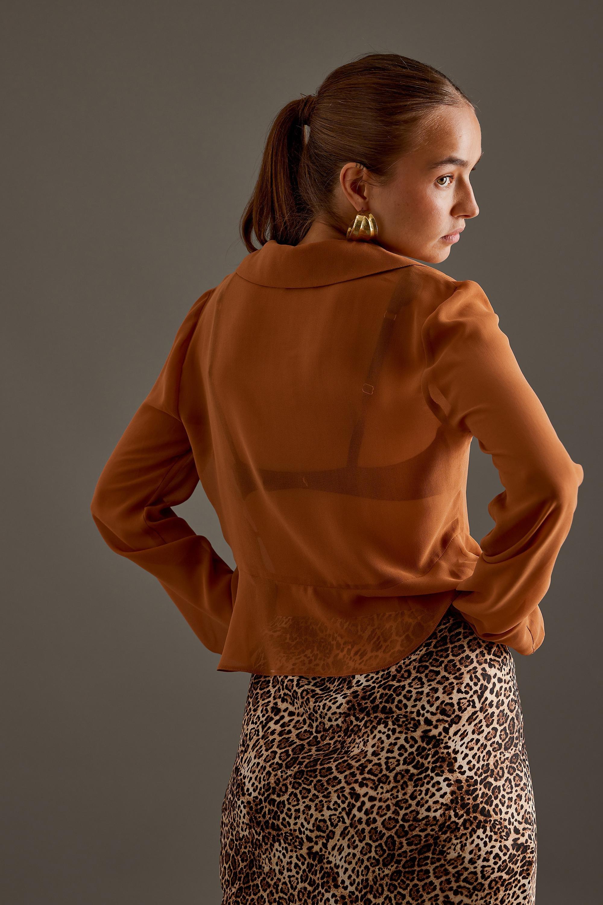 Ruffle Tie-Front Top, Brown, A501_0021, large image number 3