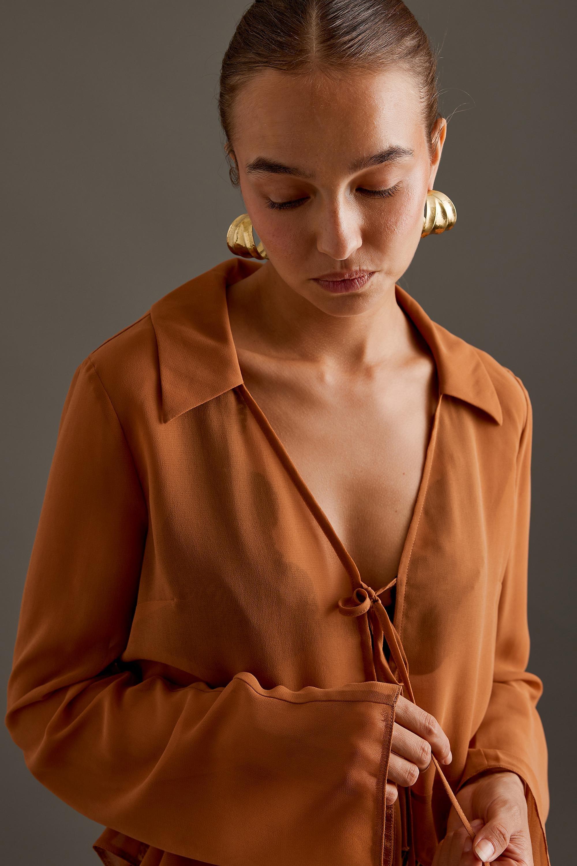 Ruffle Tie-Front Top, Brown, A501_0021, large image number 4