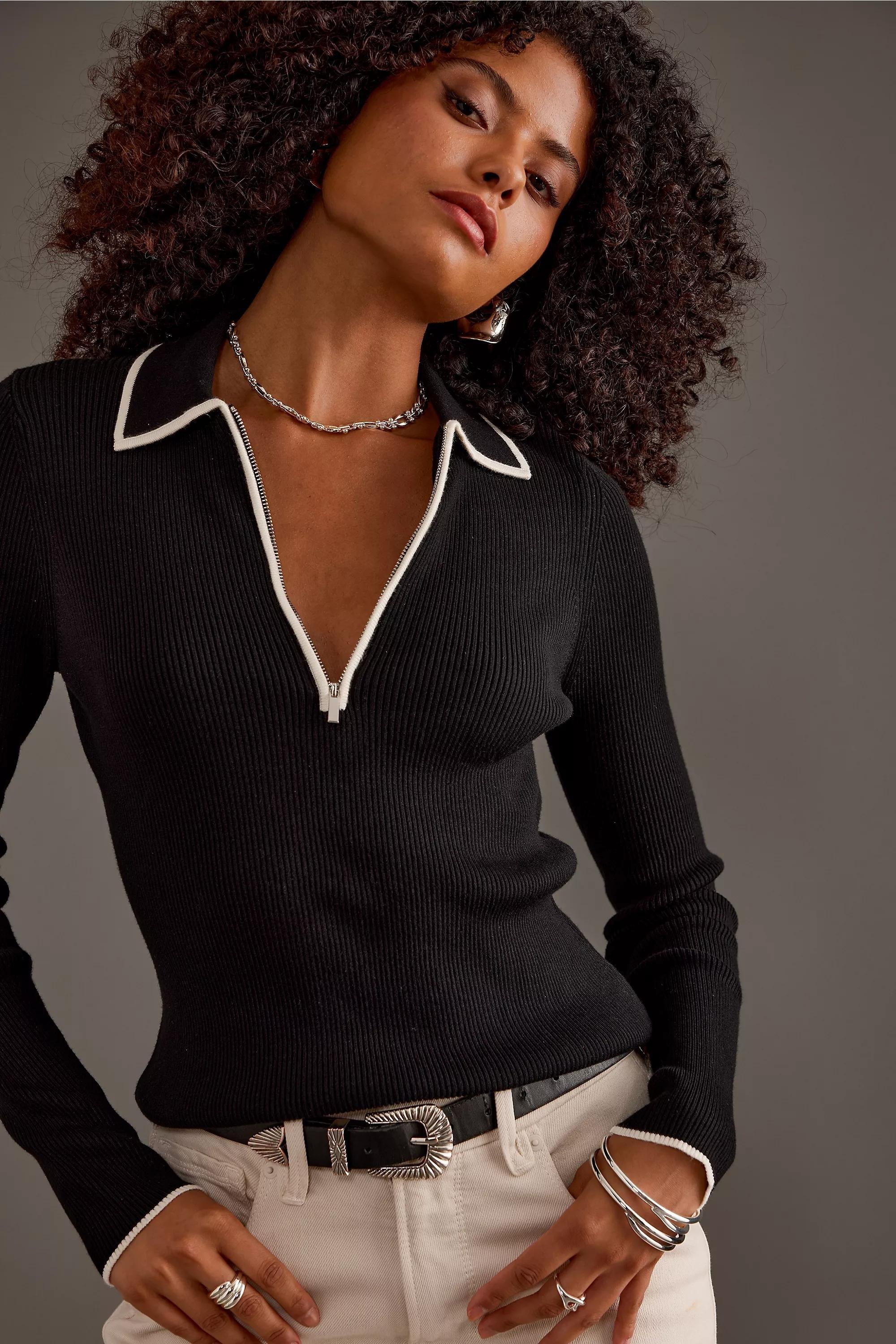 Luna Long-Sleeve Polo Top, Black, A501_0001, large image number 3