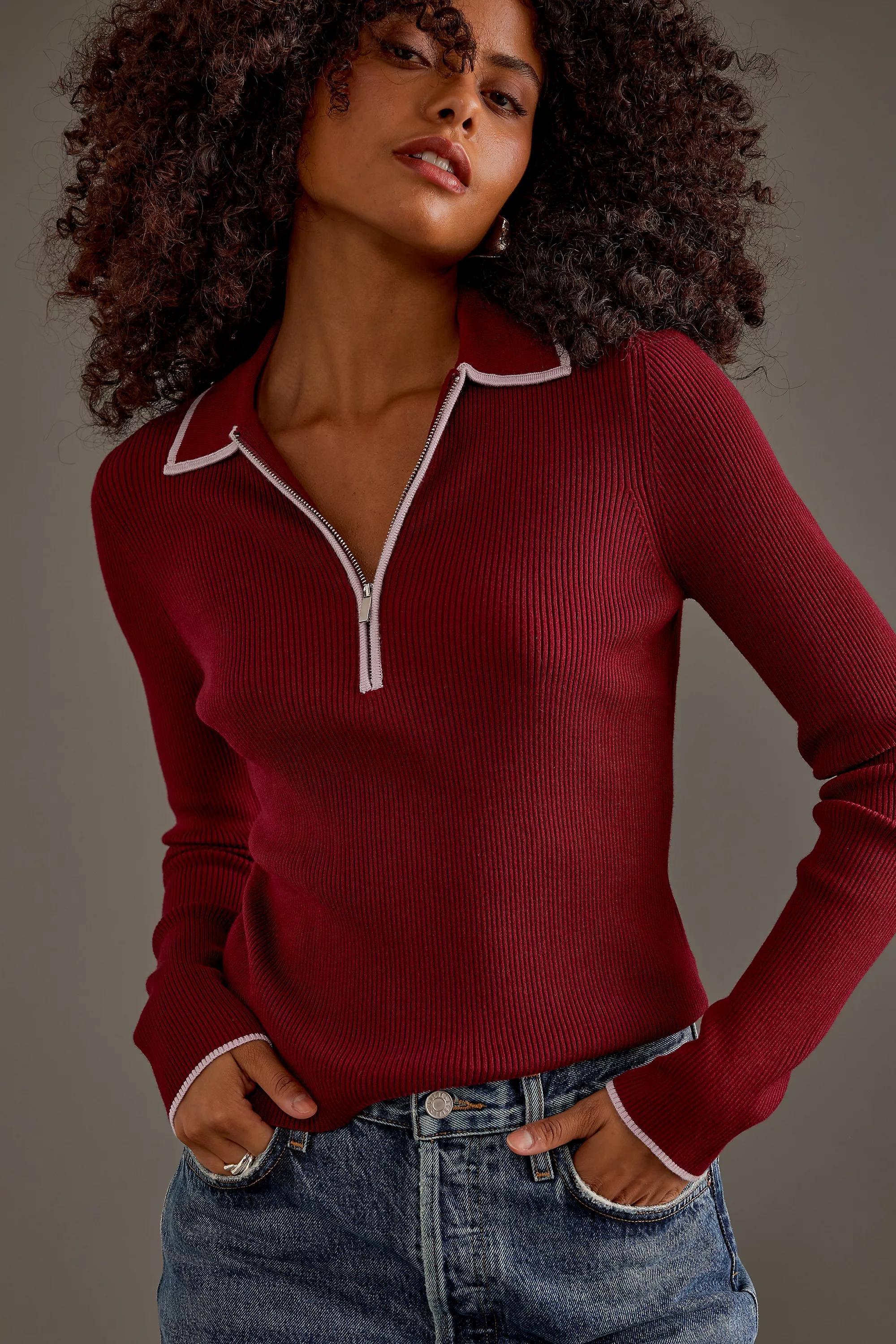 Luna Long-Sleeve Polo Top, Burgundy, A501_0061, large image number 0