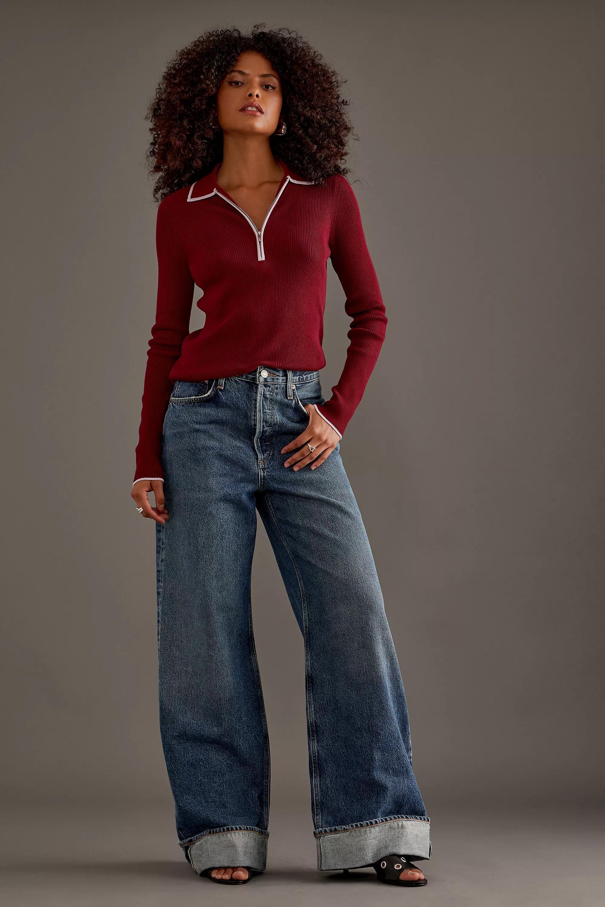 Luna Long-Sleeve Polo Top, Burgundy, A501_0061, large image number 1