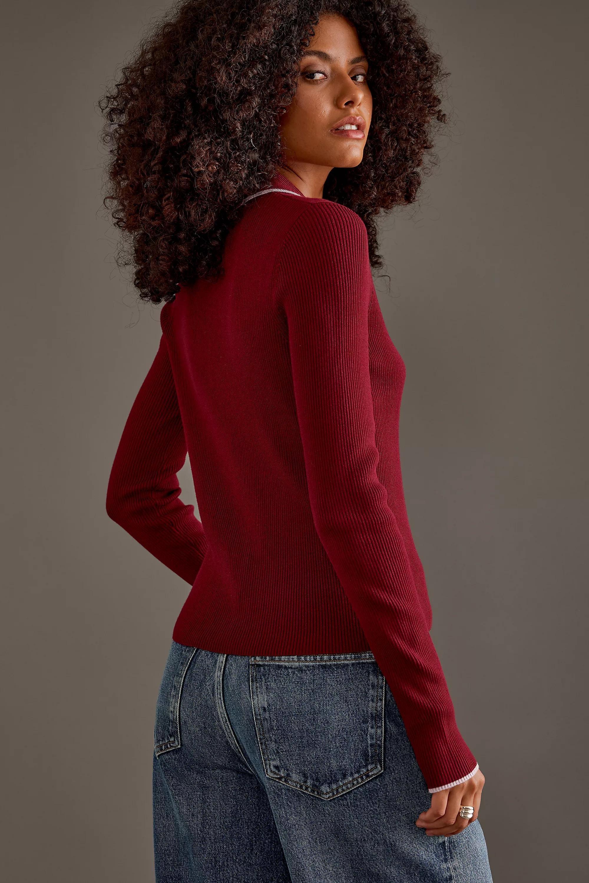 Luna Long-Sleeve Polo Top, Burgundy, A501_0061, large image number 2