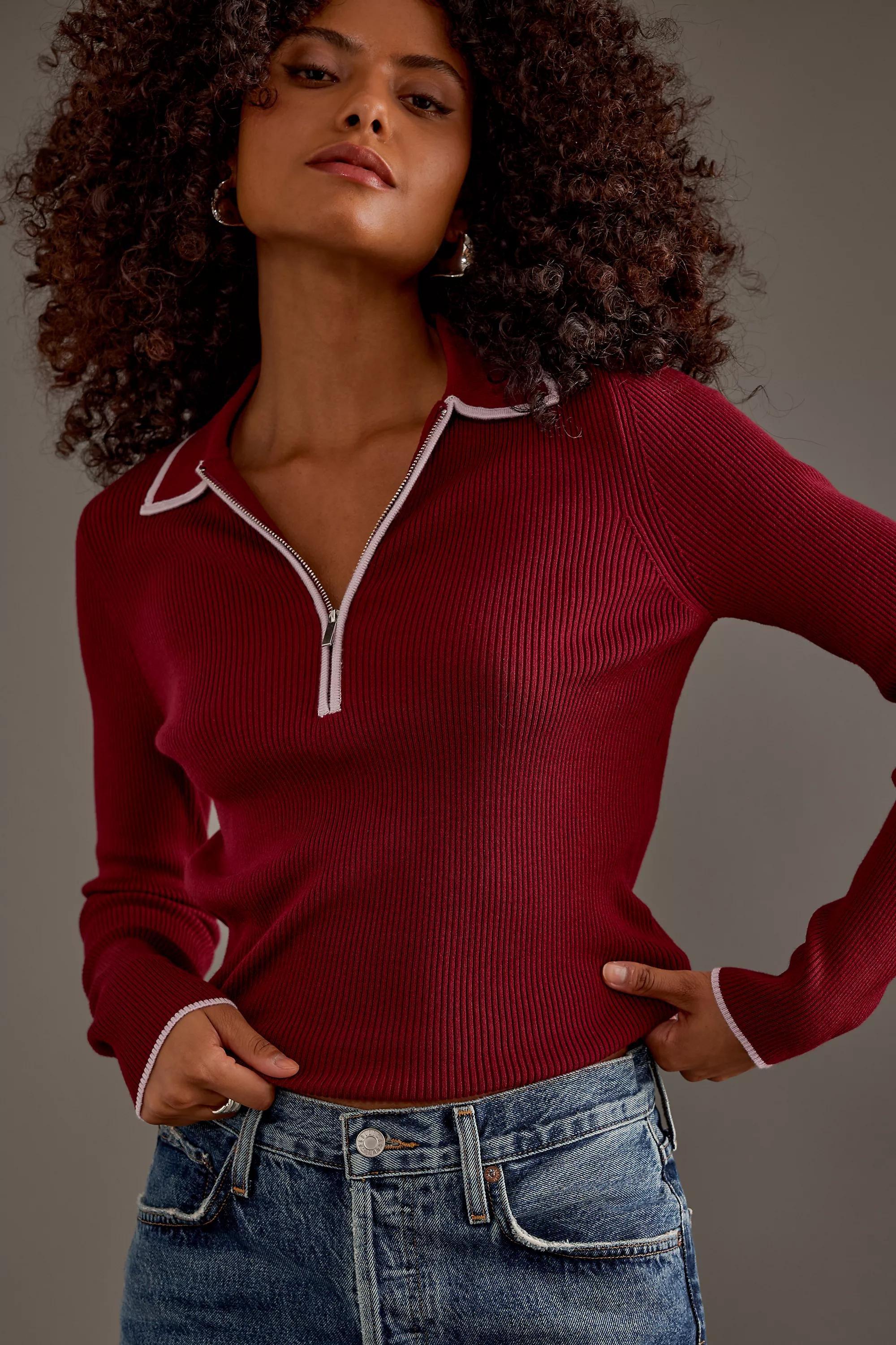 Luna Long-Sleeve Polo Top, Burgundy, A501_0061, large image number 3