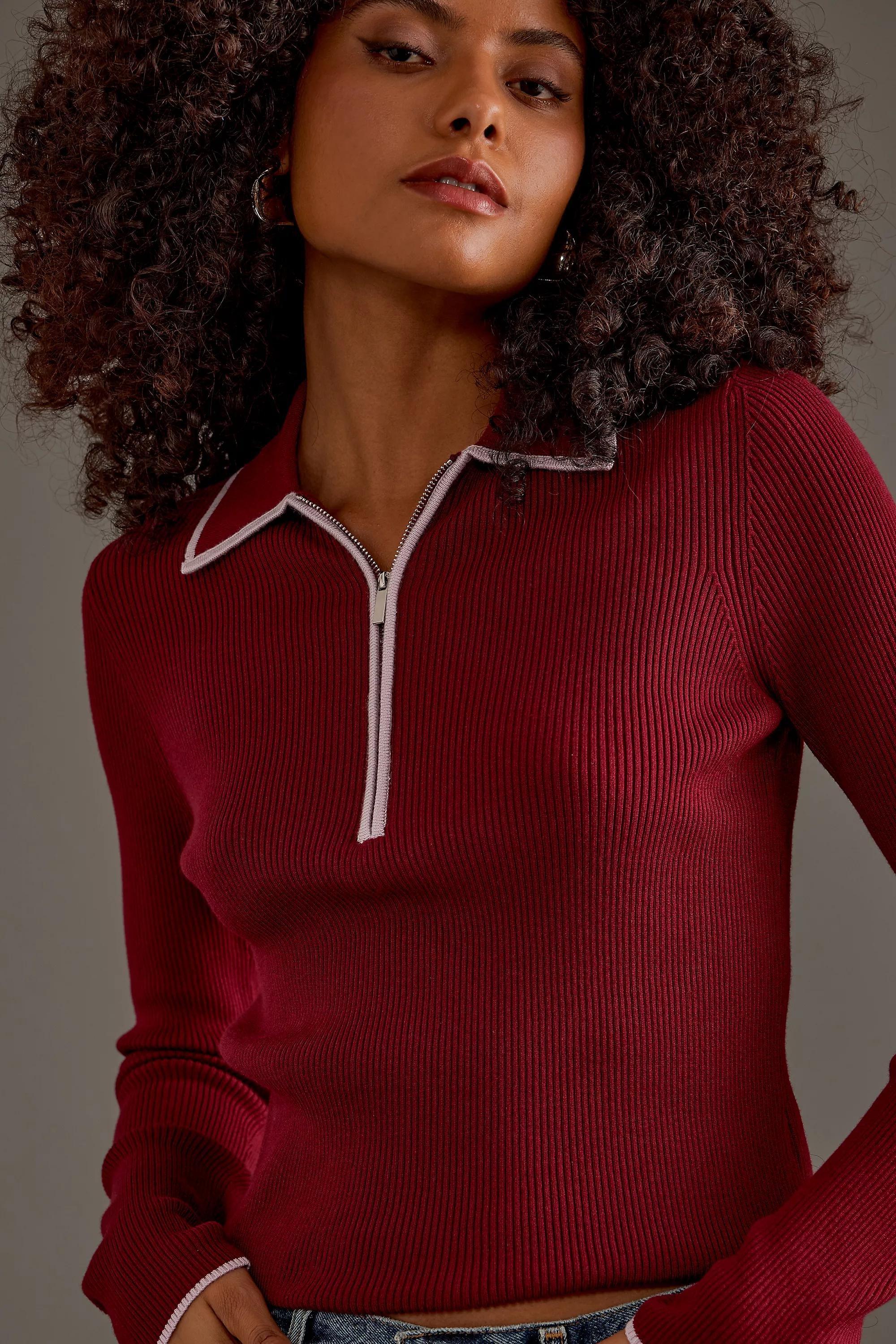 Luna Long-Sleeve Polo Top, Burgundy, A501_0061, large image number 4