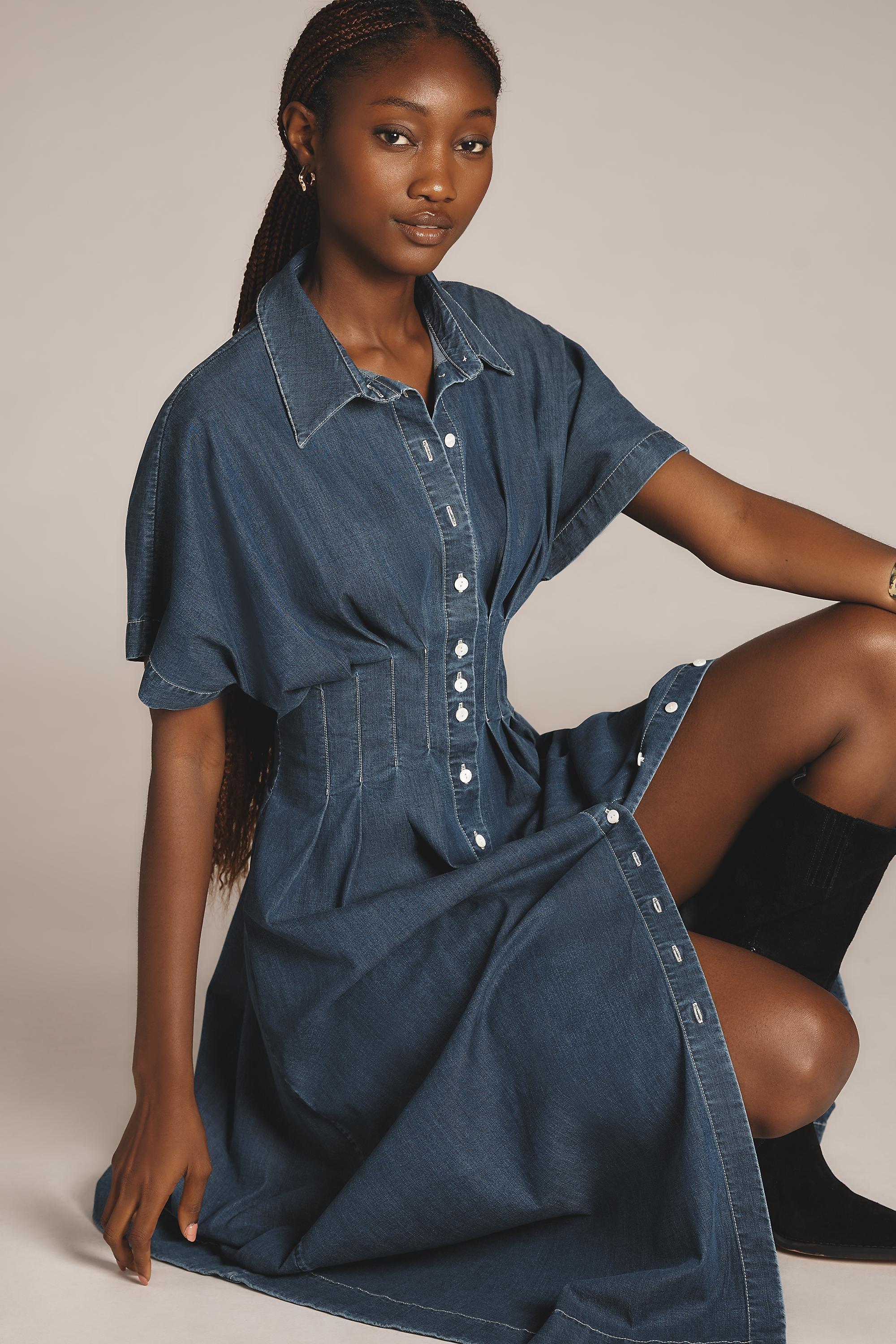 The Tobie Button-Front Pleated Shirt Dress, Blue, , large image number 3