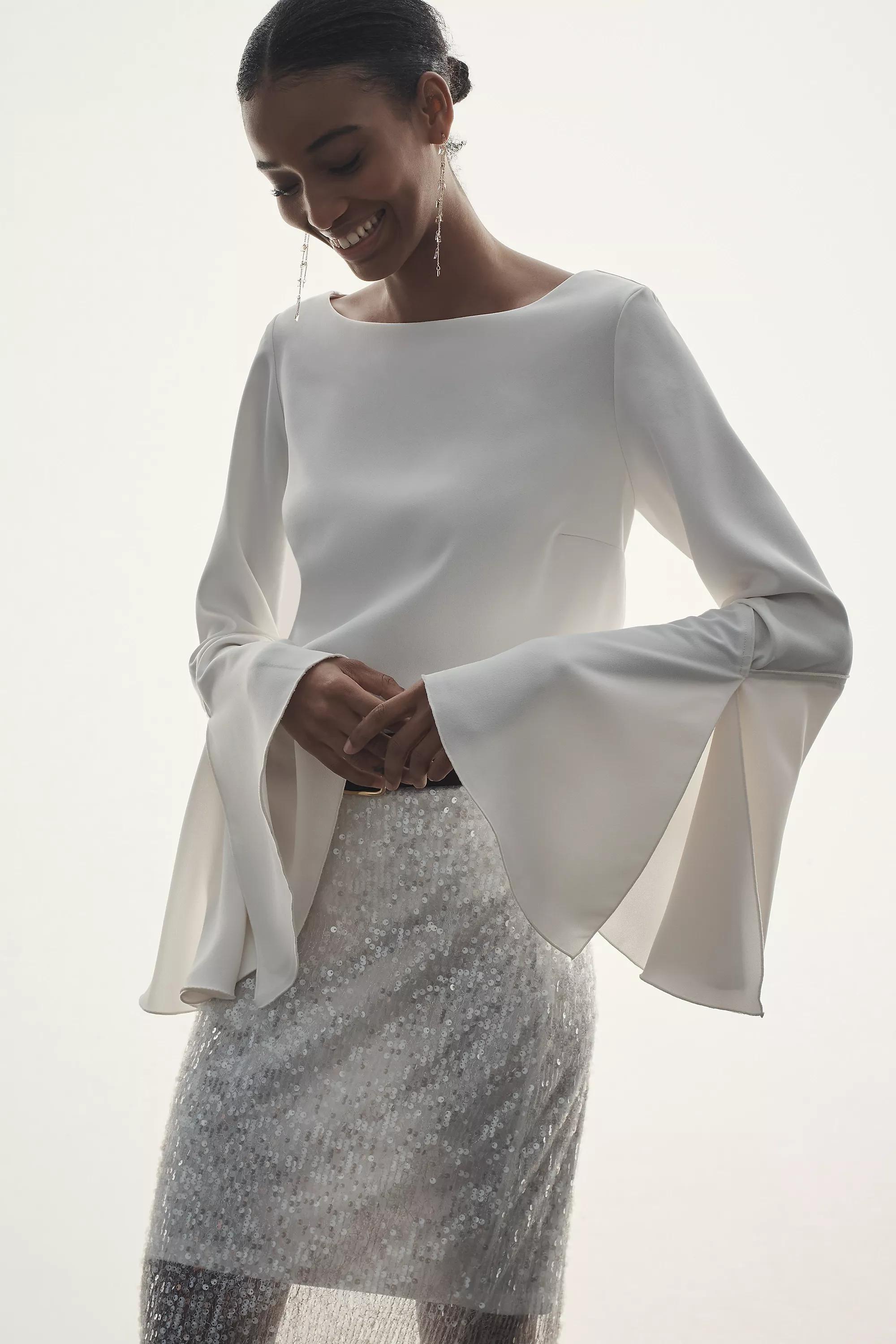 Bell-Sleeve Satin Blouse, Cream, , large image number 0