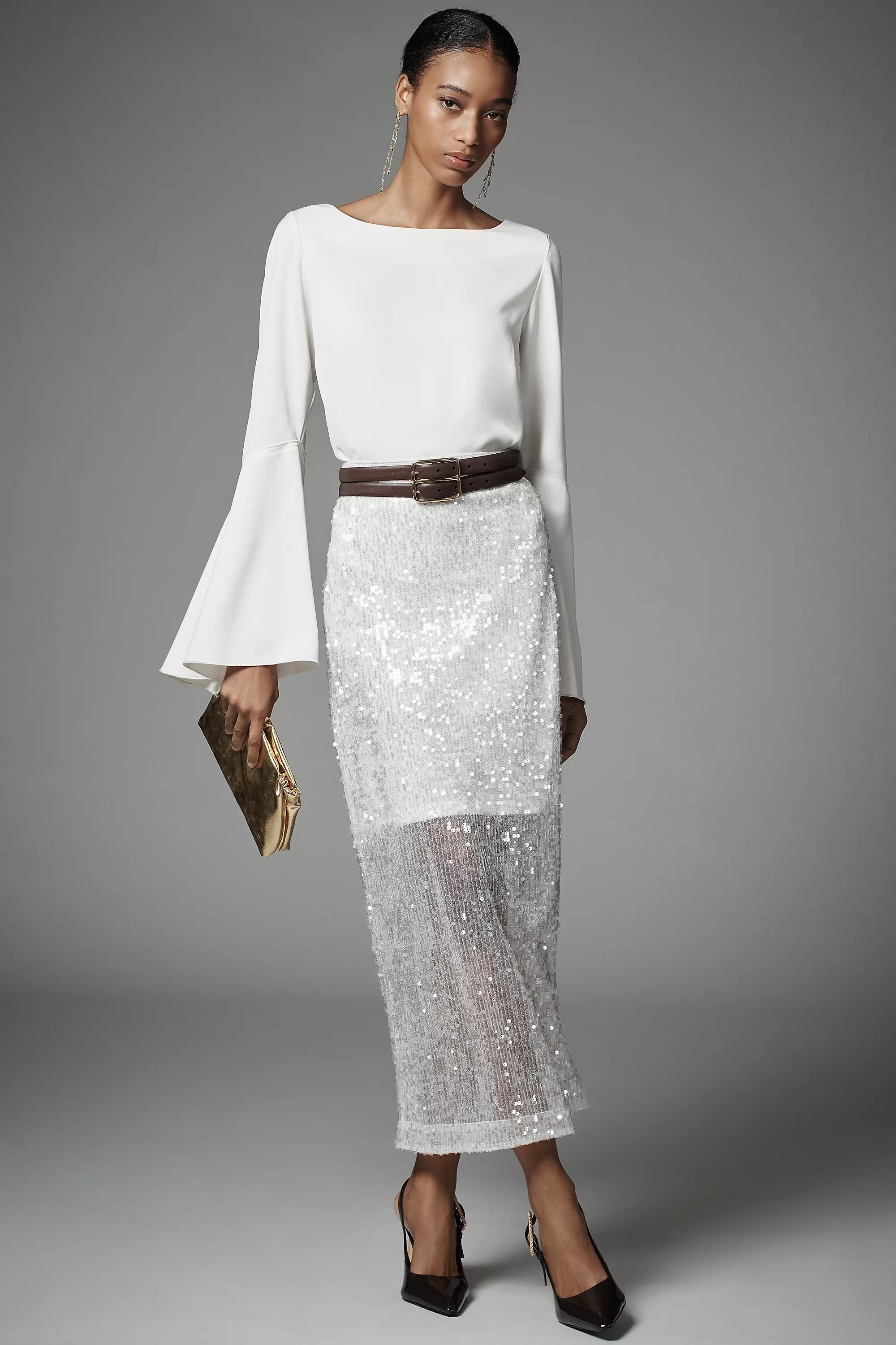 Bell-Sleeve Satin Blouse, Cream, , large image number 1