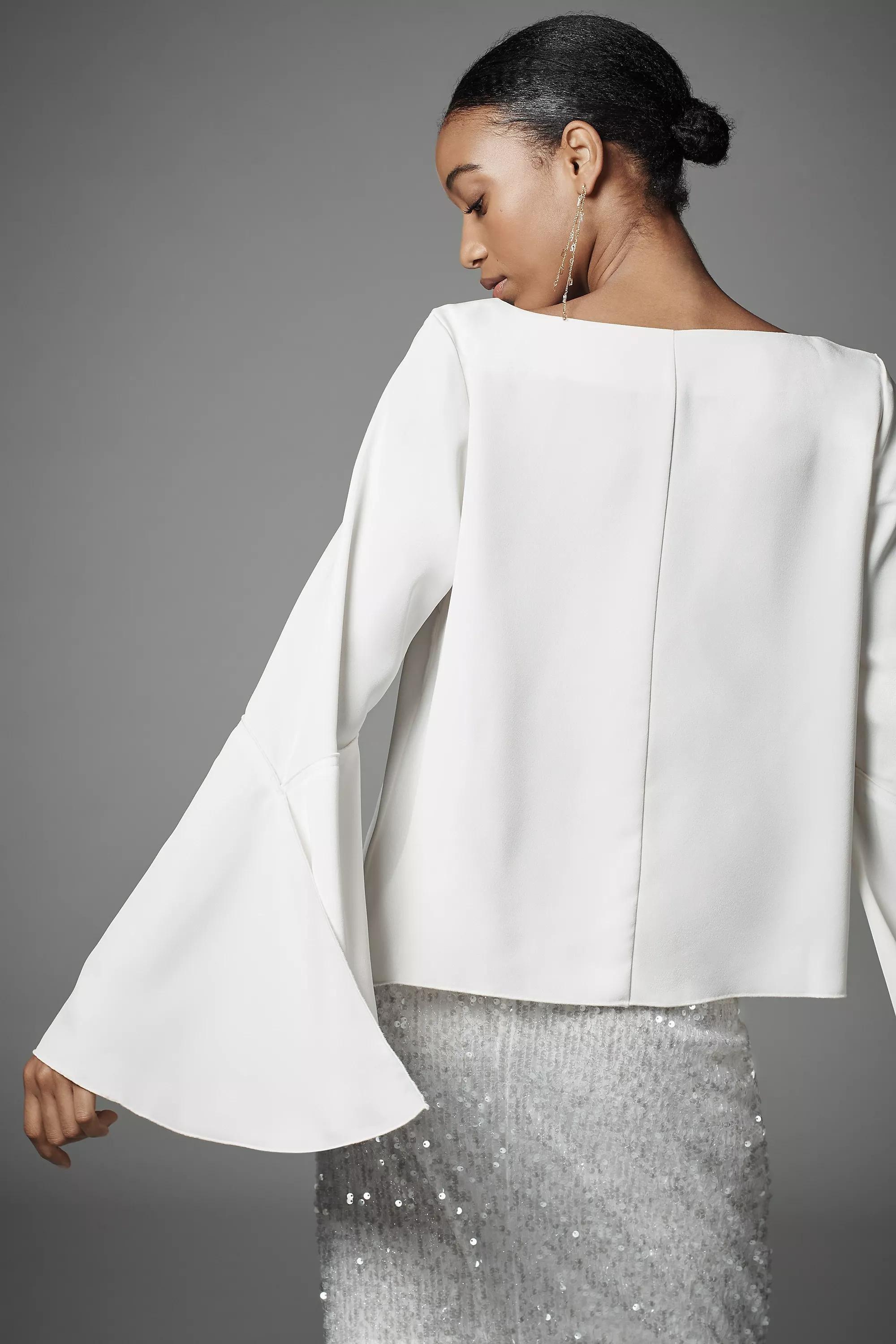 Bell-Sleeve Satin Blouse, Cream, , large image number 2