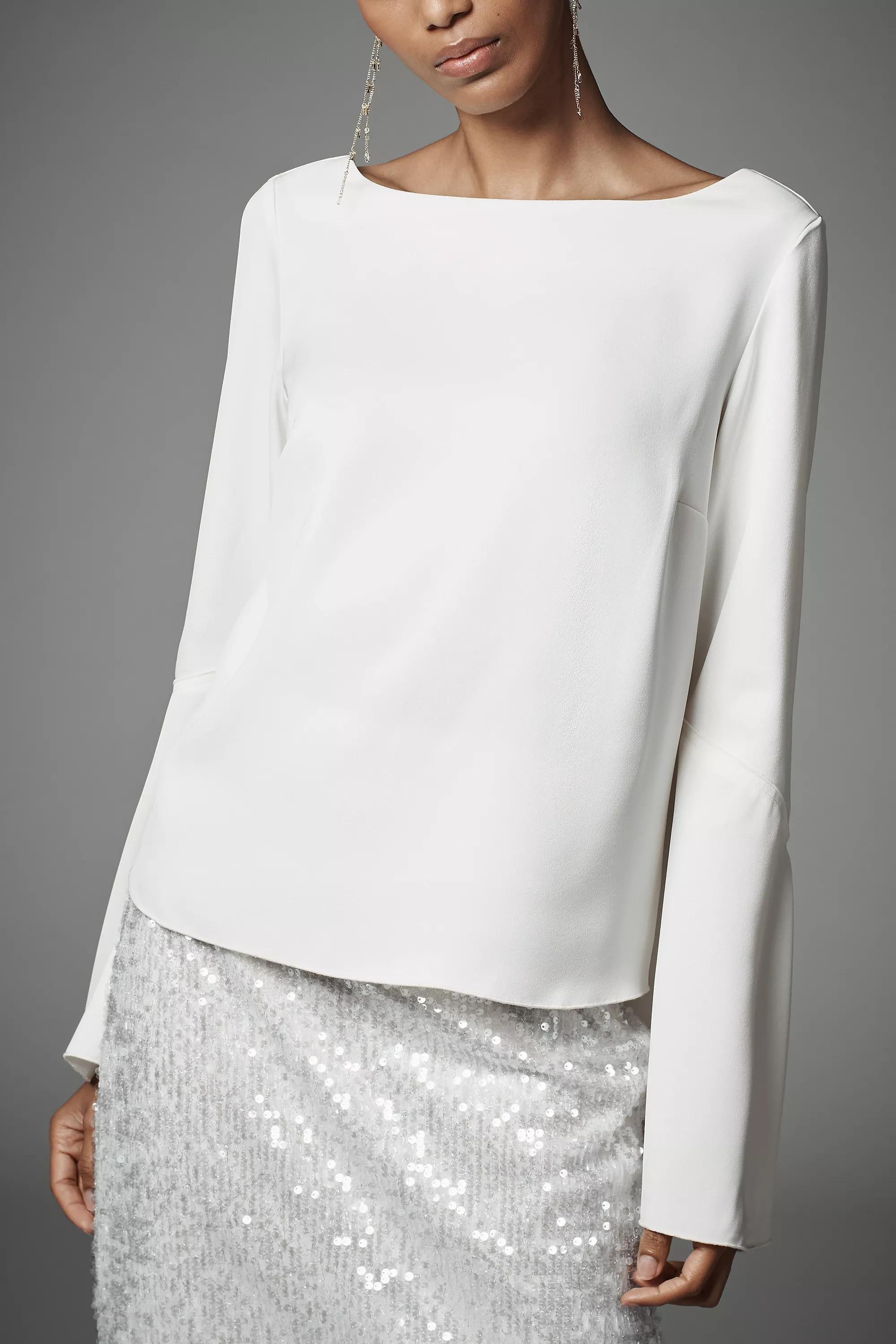 Bell-Sleeve Satin Blouse, Cream, A501_0011, large image number 3