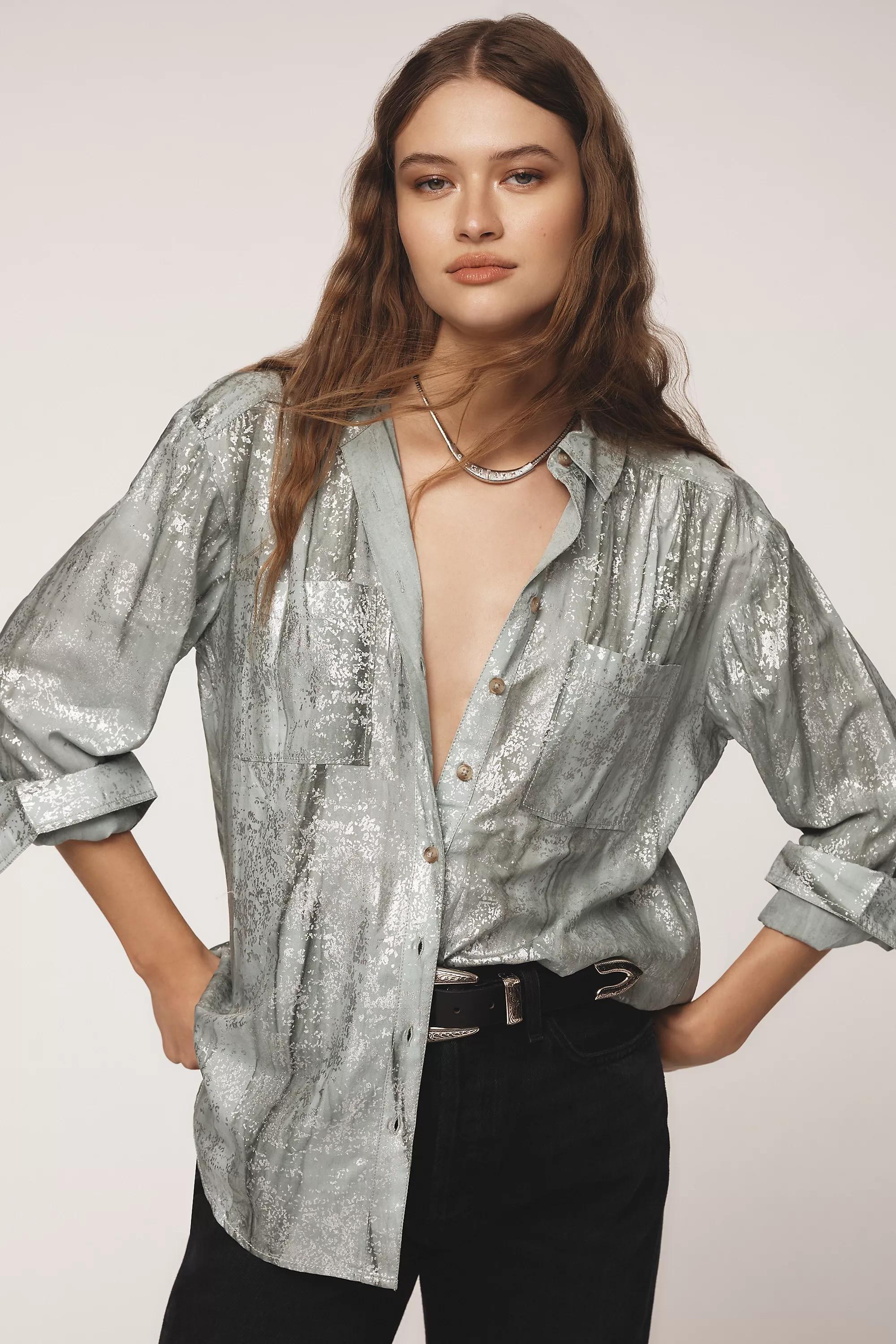 Pilcro Foil Shine Buttondown Shirt, Green, , large image number 0