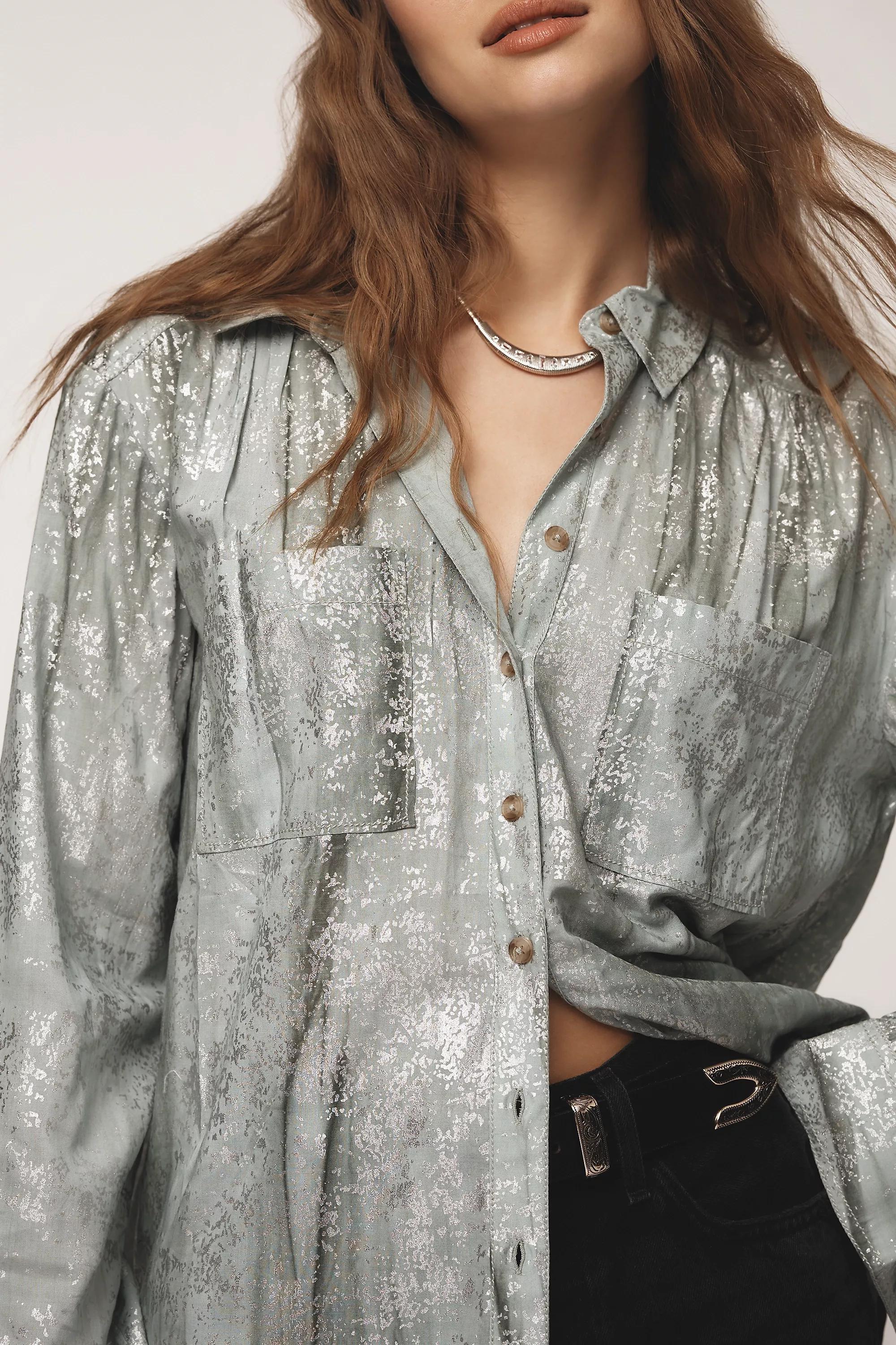 Pilcro Foil Shine Buttondown Shirt, Green, , large image number 2