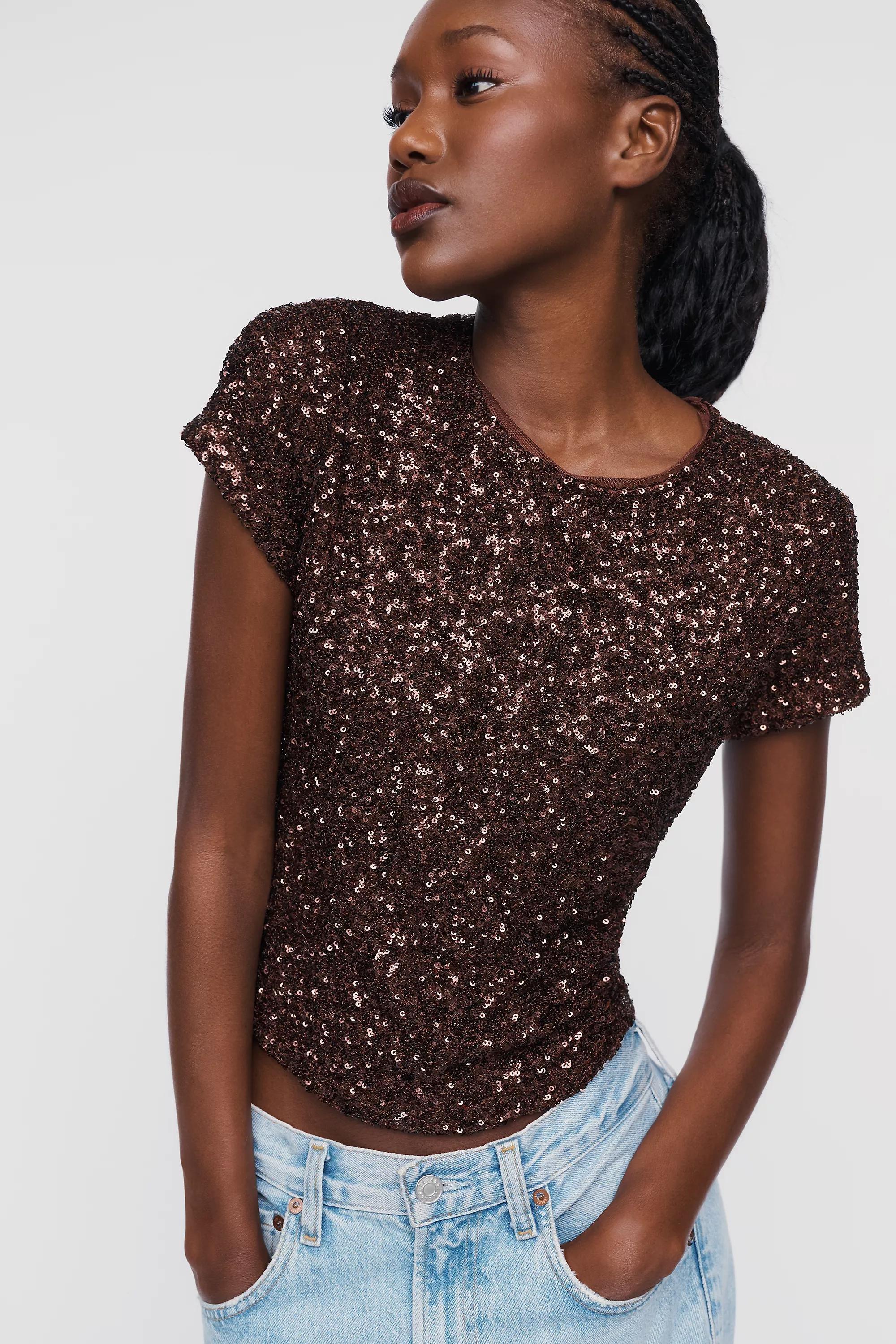 Maeve Sequin Muscle T-Shirt, Brown, medium