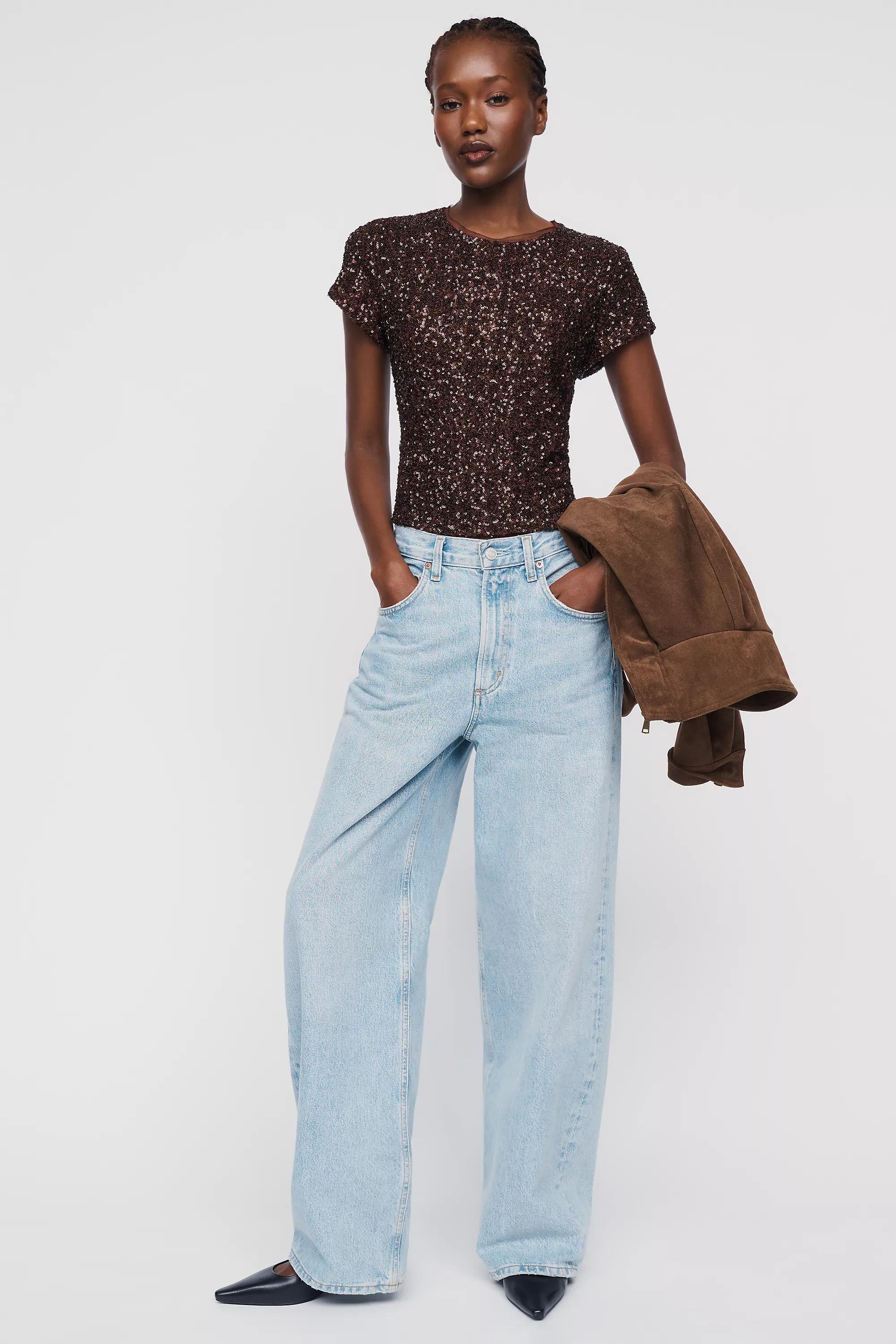 Maeve Sequin Muscle T-Shirt, Brown, medium