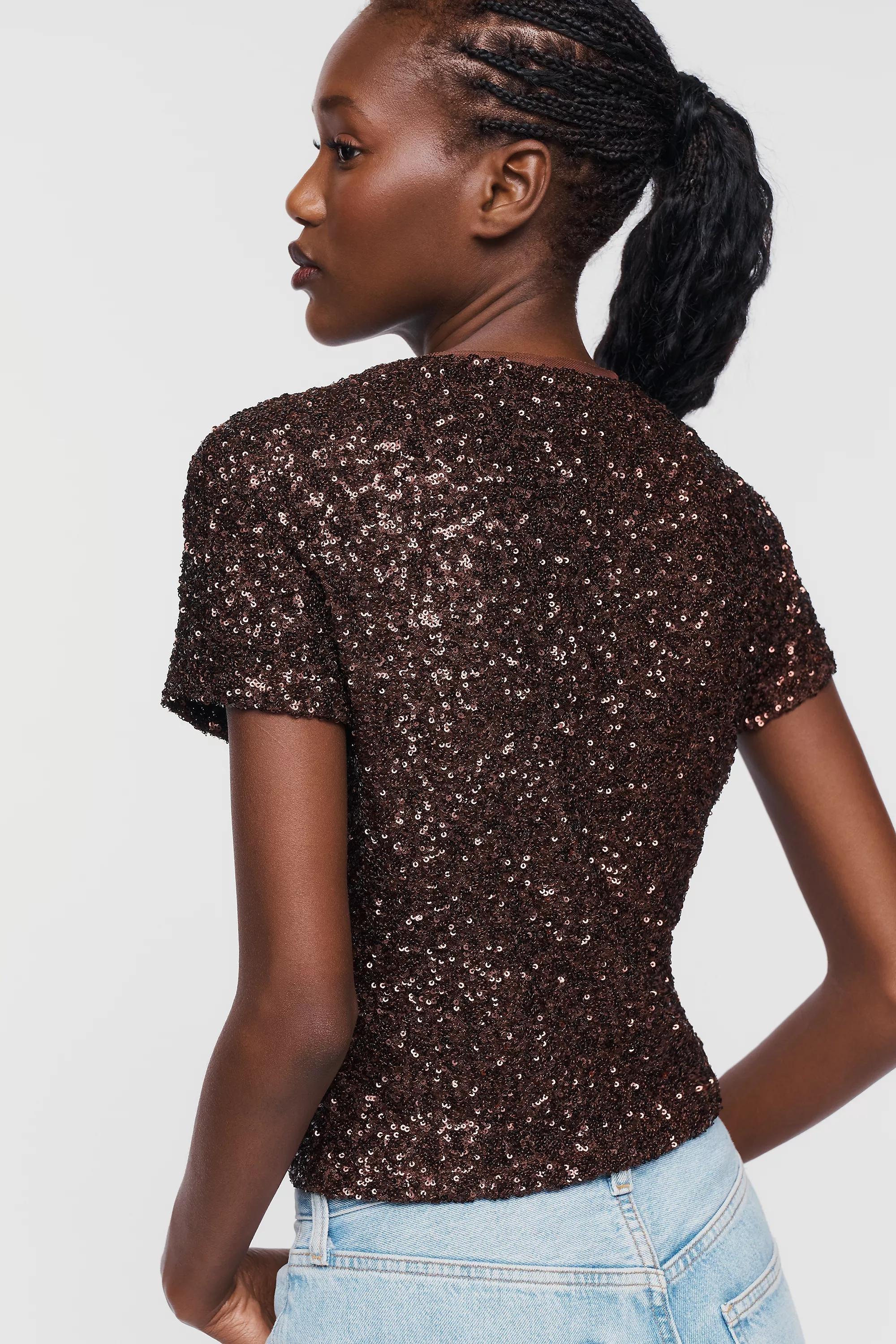 Maeve Sequin Muscle T-Shirt, Brown, large image number 3