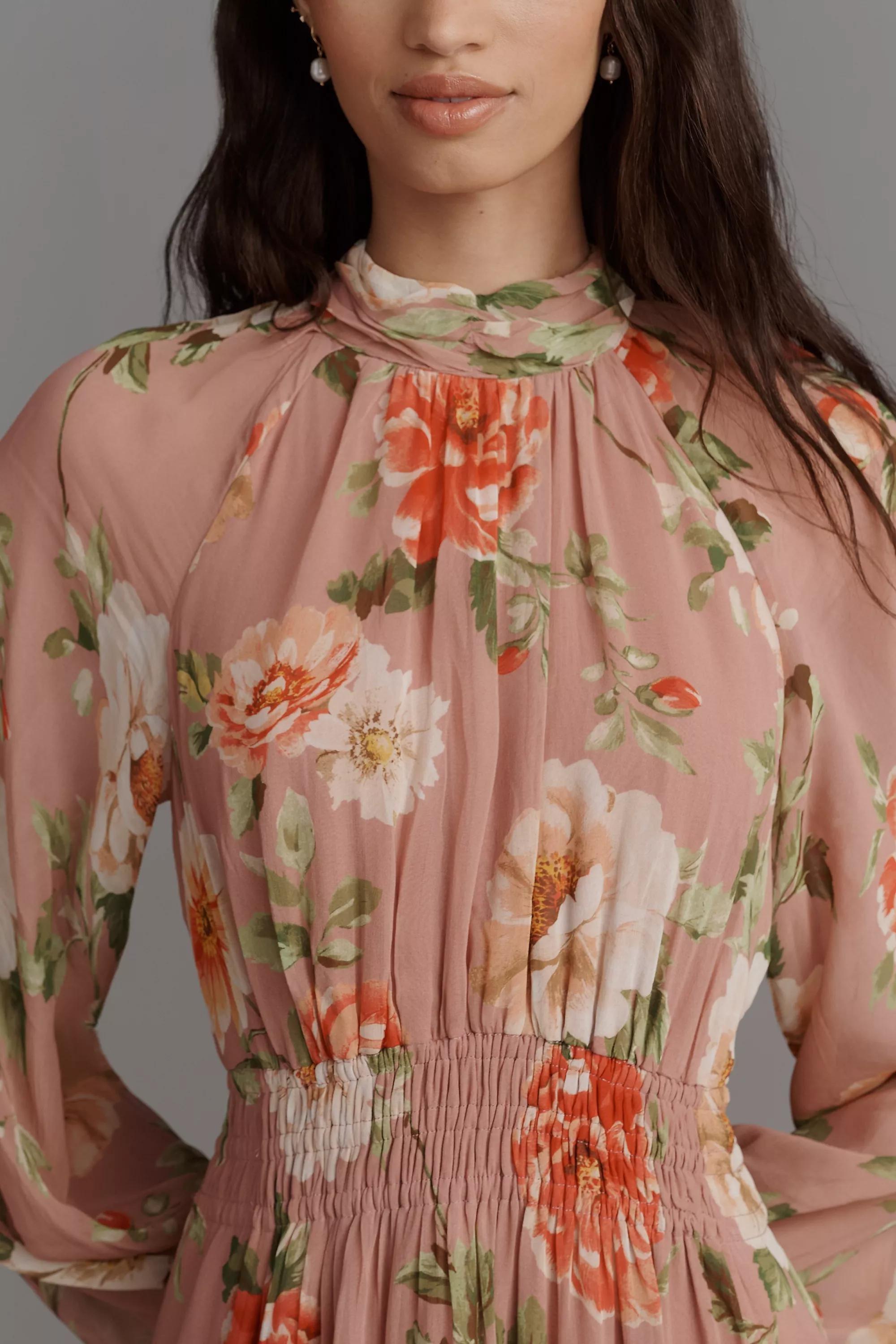 Floral Long-Sleeve Mock-Neck Chiffon Maxi Dress, Pink, A501_0529, large image number 0