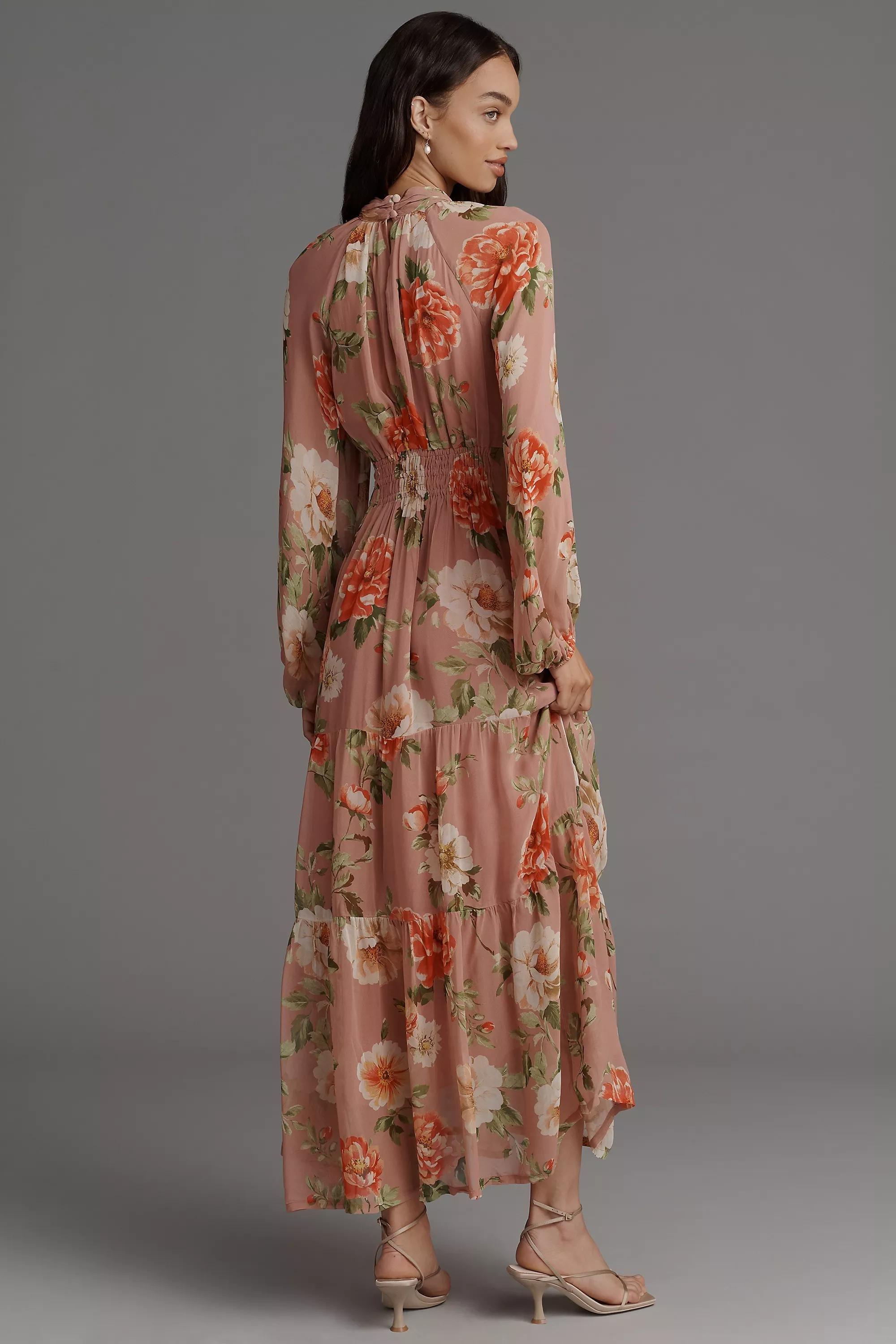 Floral Long-Sleeve Mock-Neck Chiffon Maxi Dress, Pink, A501_0529, large image number 1