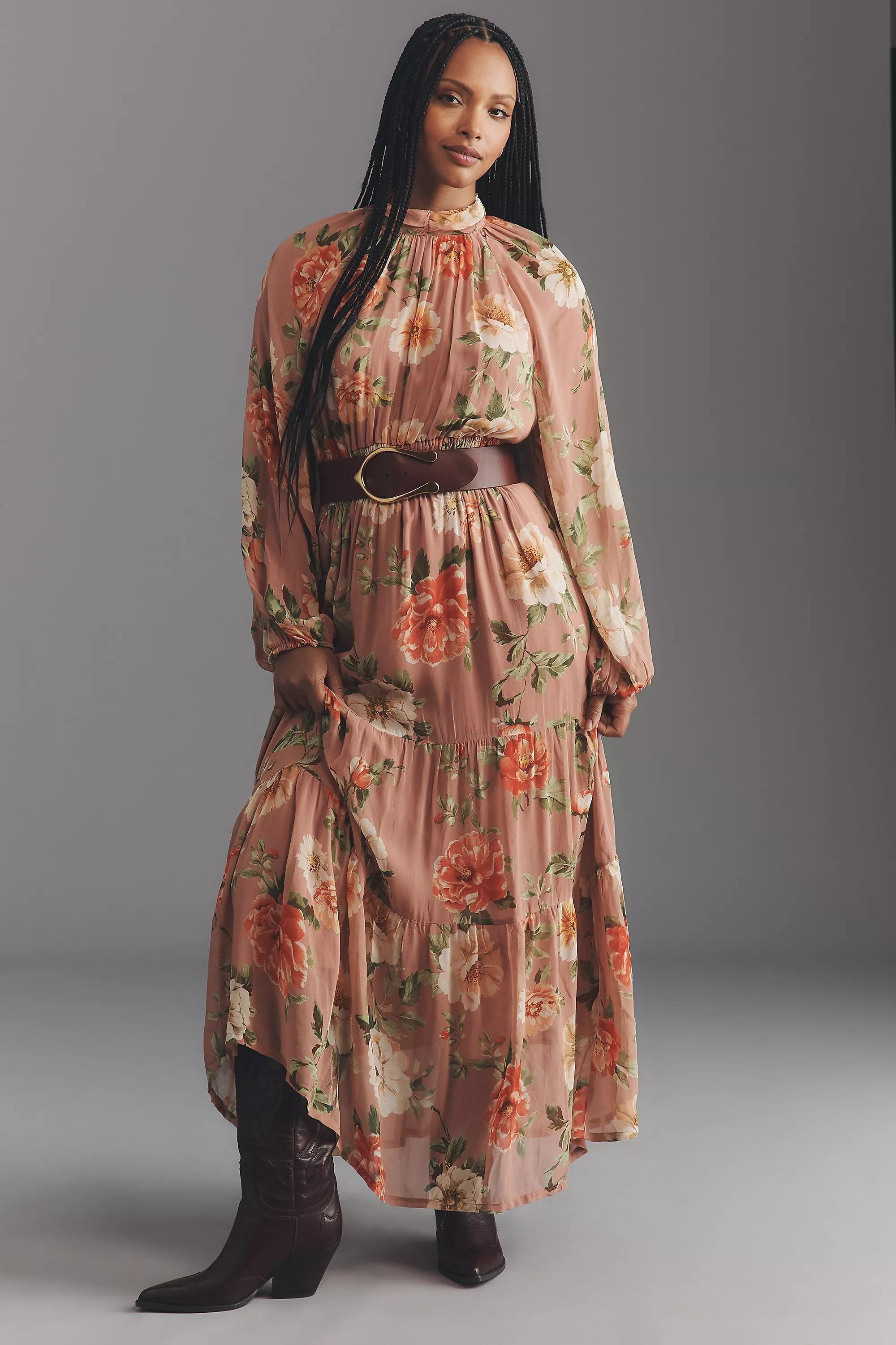 Floral Long-Sleeve Mock-Neck Chiffon Maxi Dress, Pink, A501_0529, large image number 2