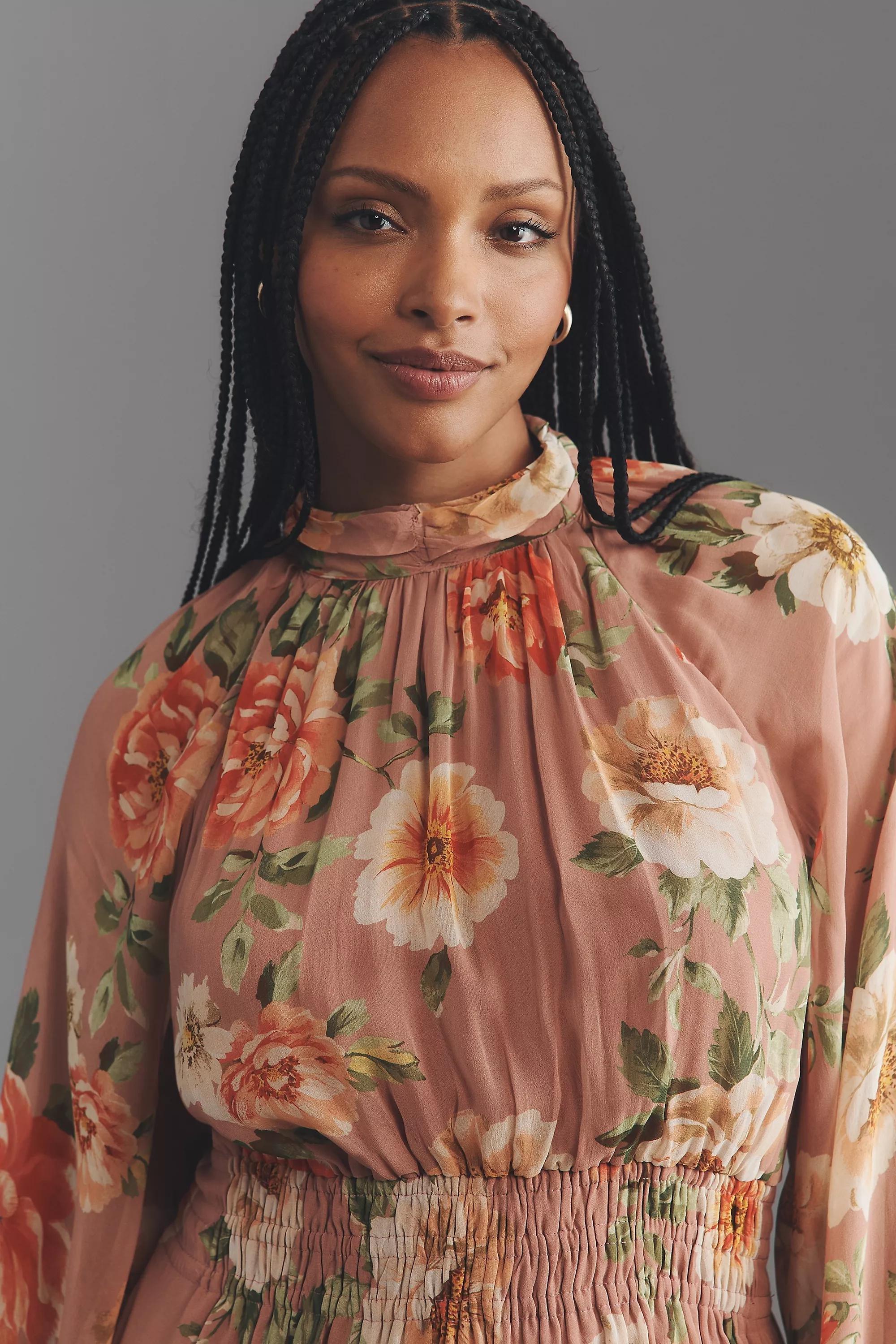 Floral Long-Sleeve Mock-Neck Chiffon Maxi Dress, Pink, A501_0529, large image number 3