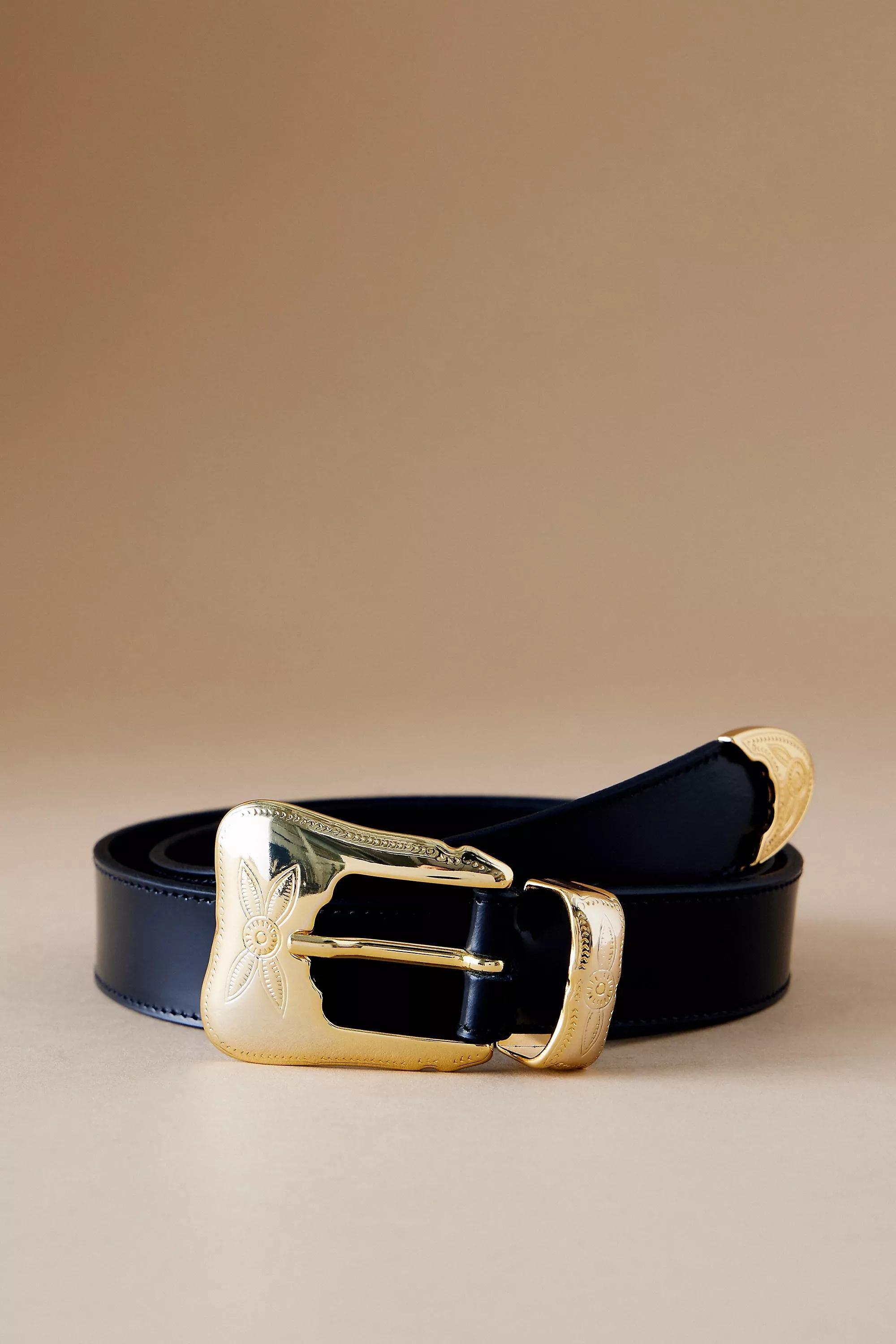 Anthropologie Engraved Logo Buckle, Golden, , medium
