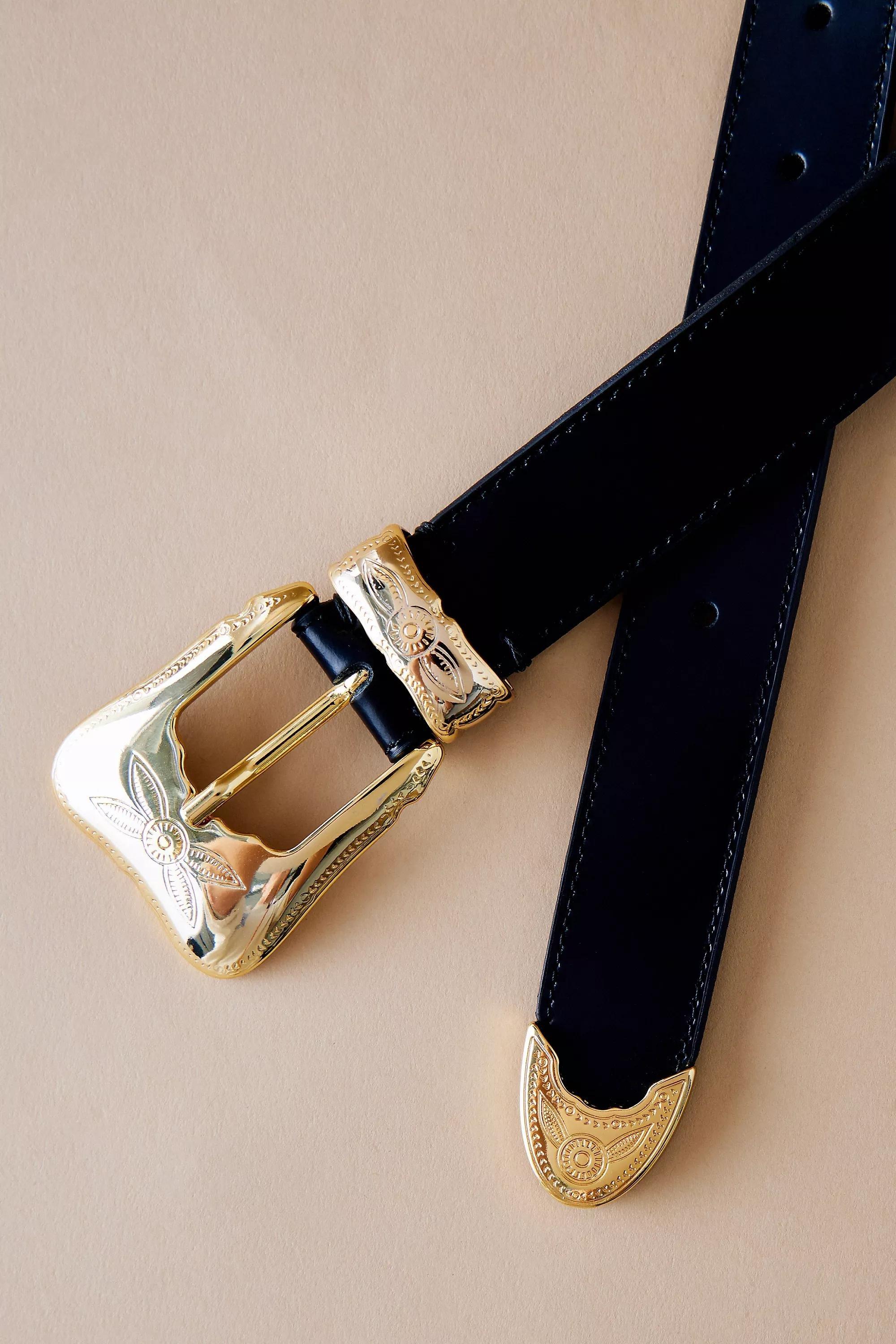 Anthropologie Engraved Logo Buckle, Golden, , large image number 1