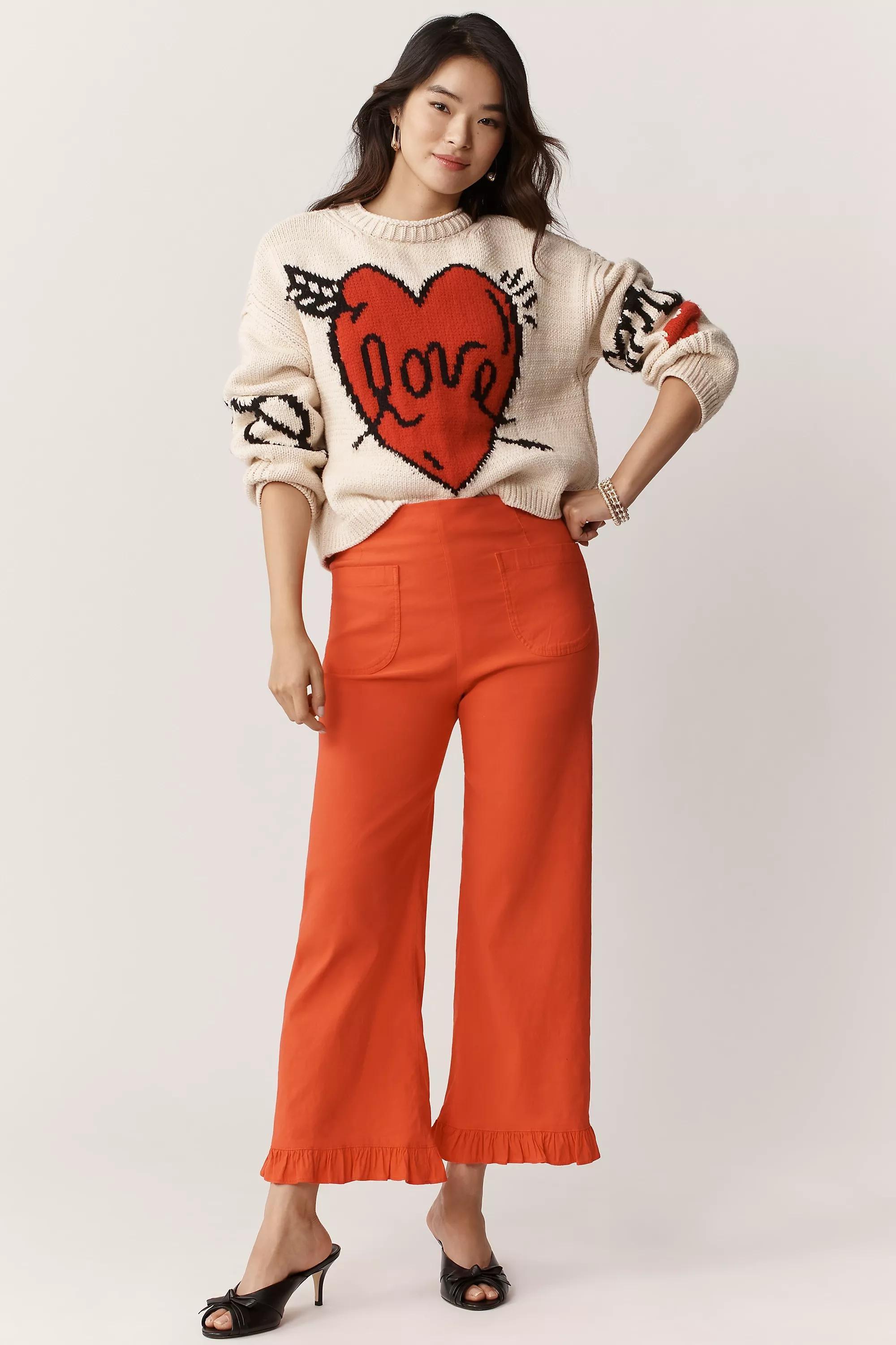 By Meave The Colette Magic Fabric Ruffle-Hem Crop Wide-Leg Trousers, Red, A501_0060, large image number 0