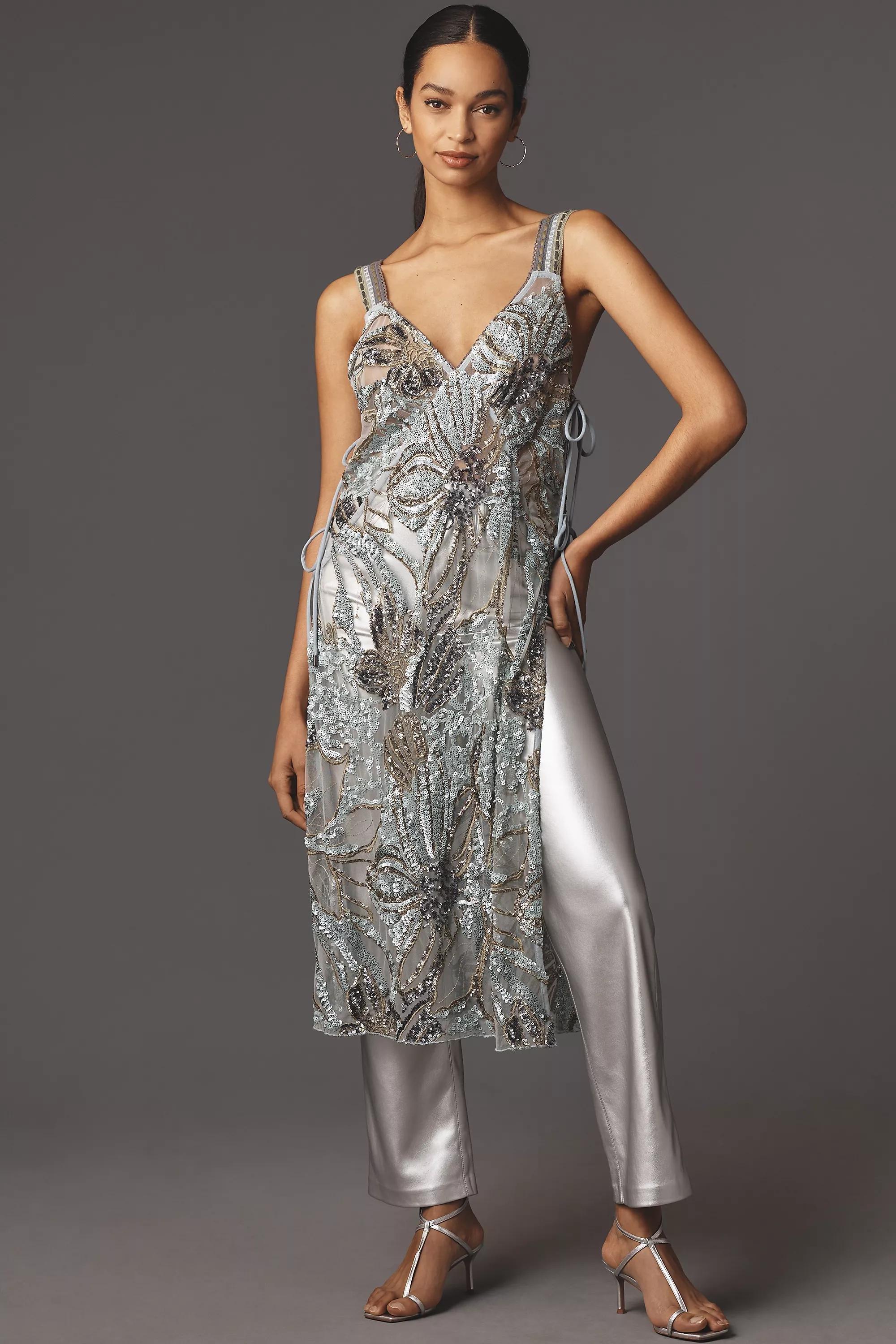 Anthropologie Embroidered Wrap Front, Silver, , medium