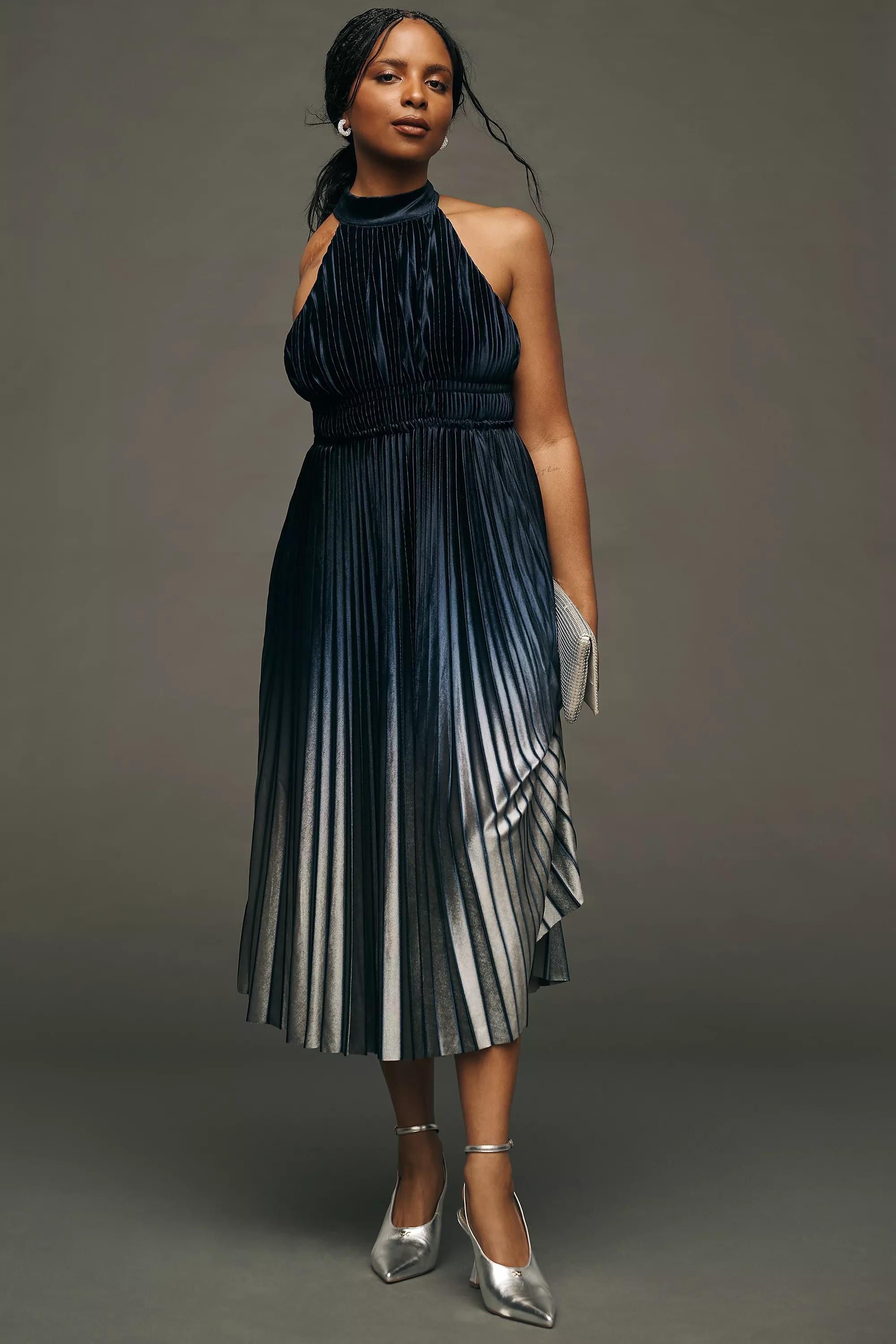 Anthropologie Pleated Formal Midi Dress, Navy, , large image number 0