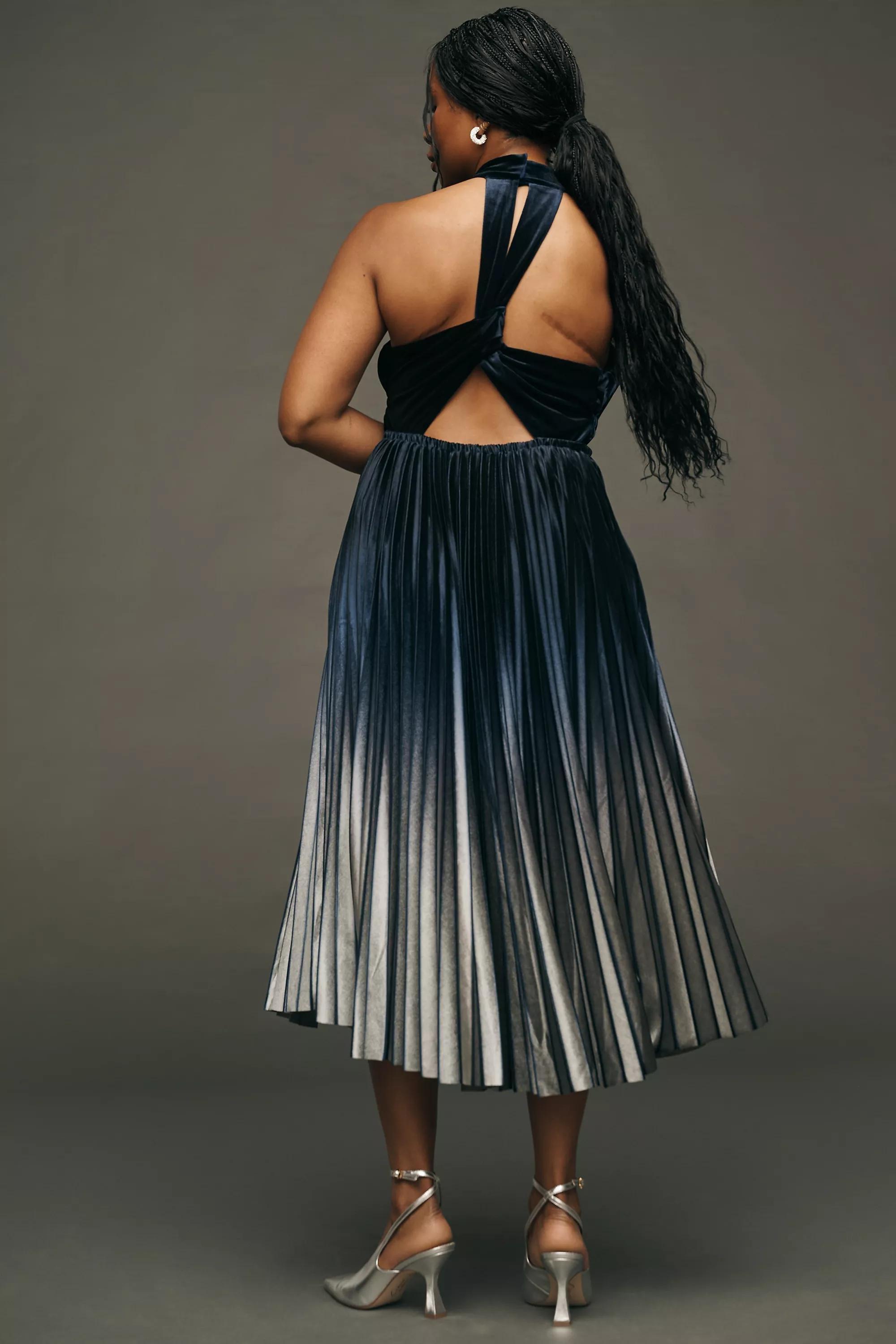 Anthropologie Pleated Formal Midi Dress, Navy, , large image number 1
