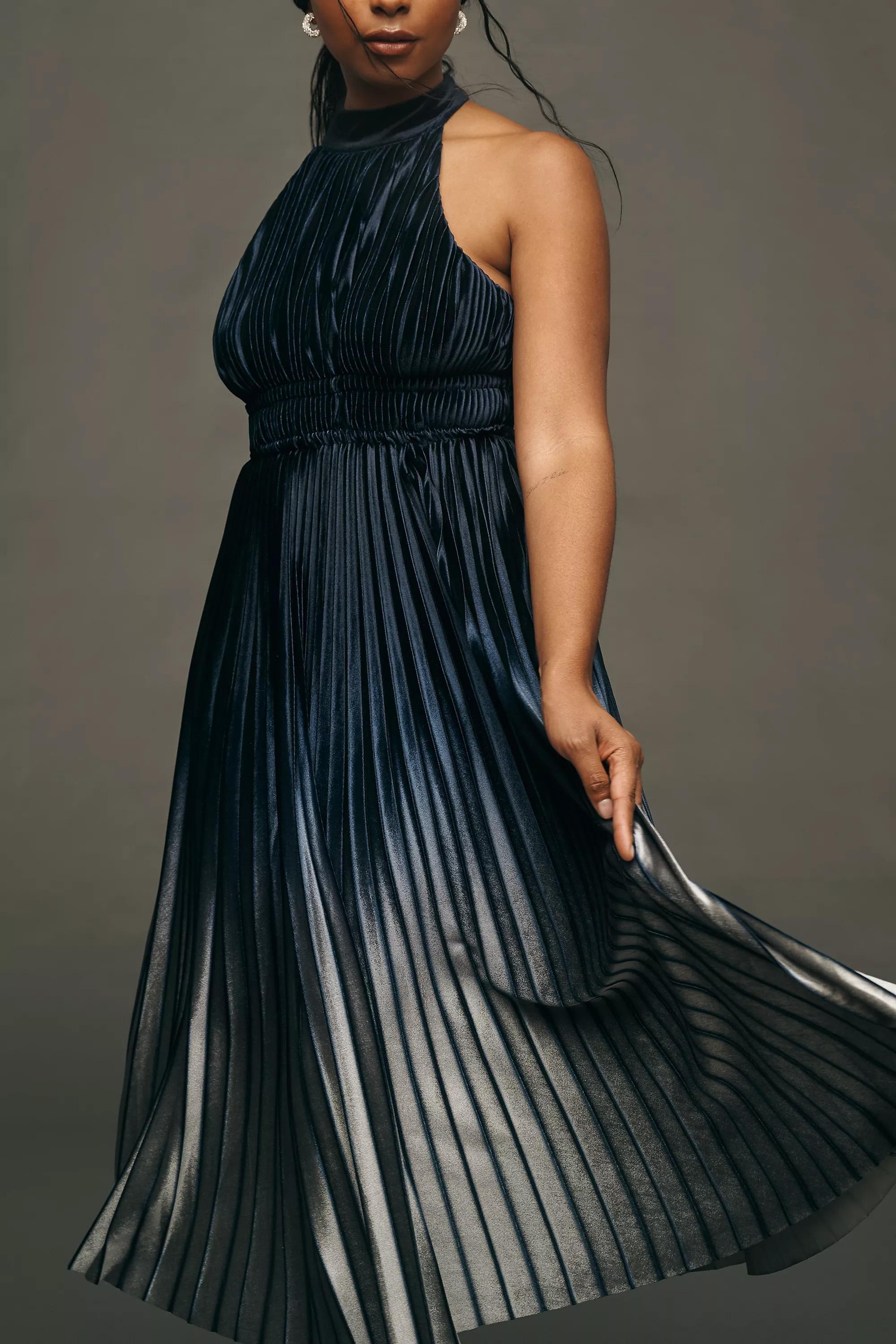Anthropologie Pleated Formal Midi Dress, Navy, , large image number 2