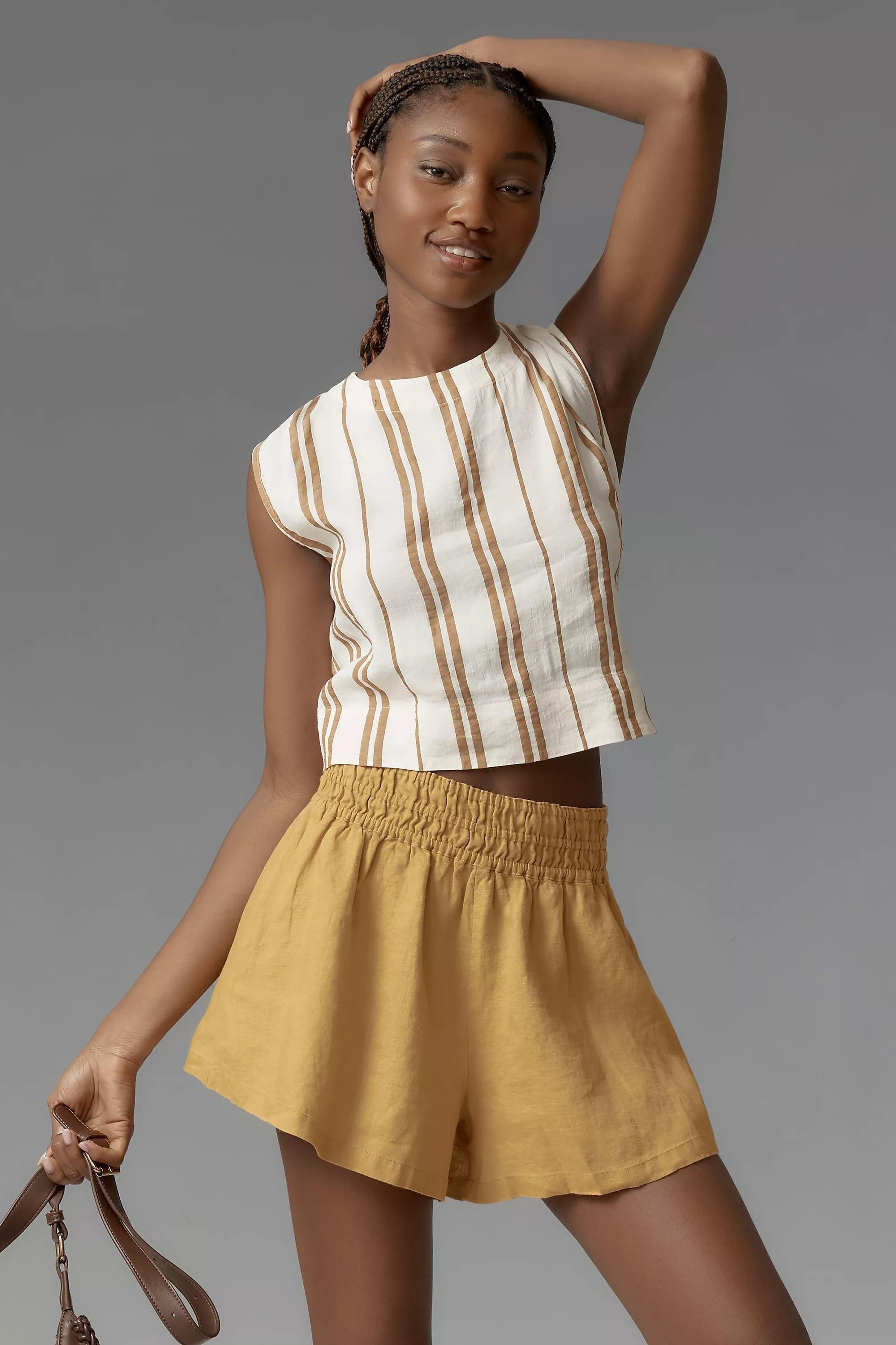Linen Blend High Waisted Short, Yellow, , large image number 0