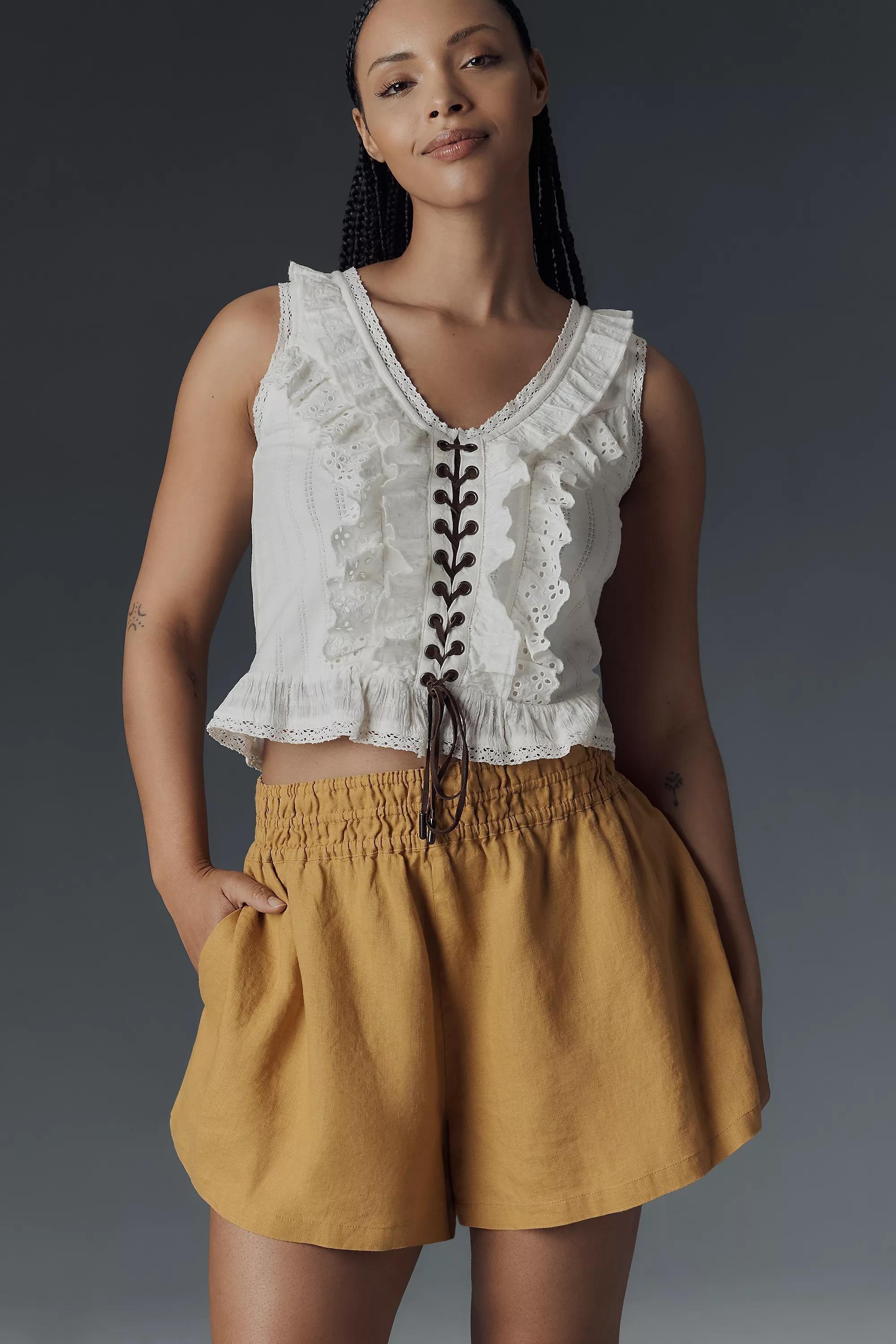 Linen Blend High Waisted Short, Yellow, , large image number 3