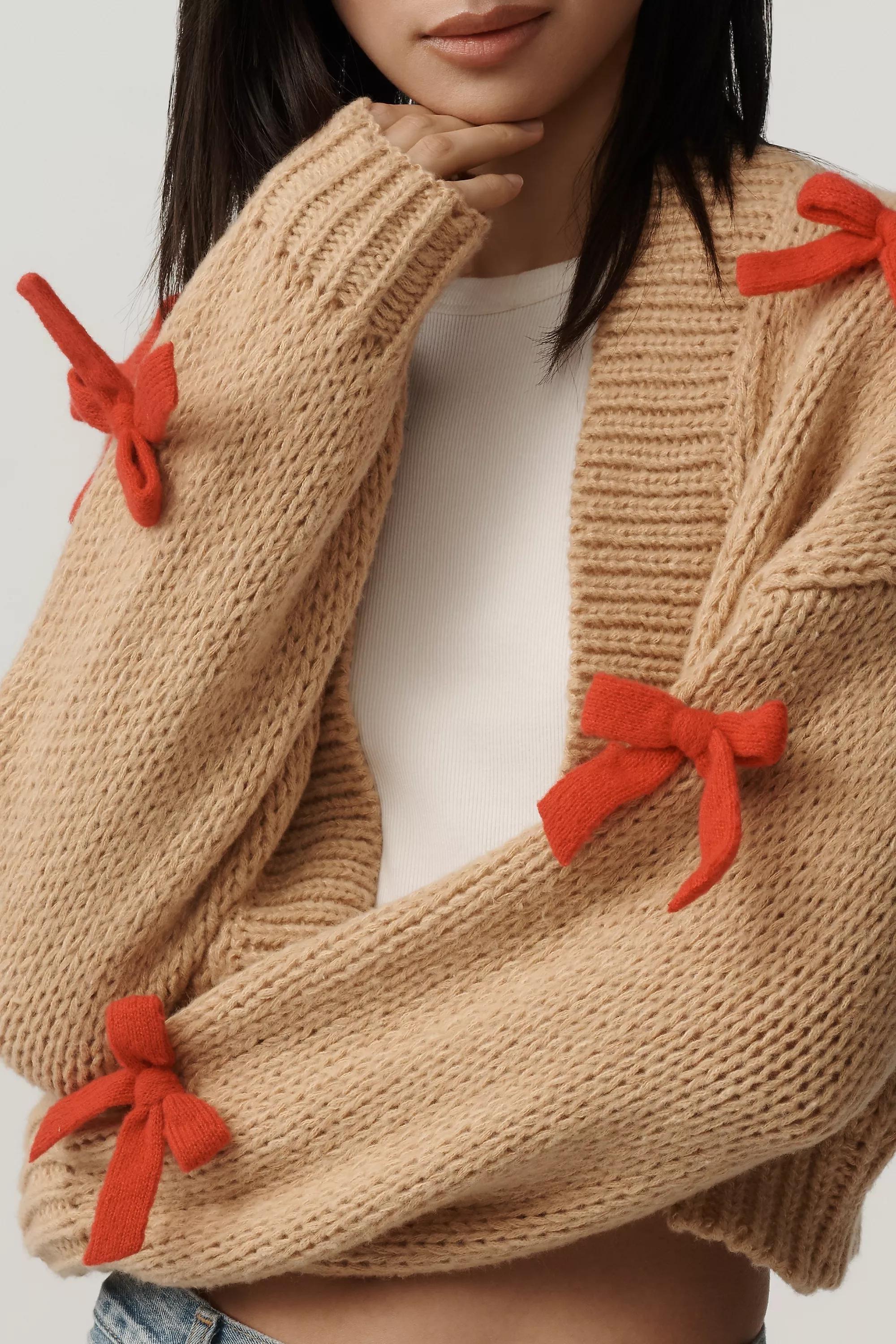 By Maeve Bow Cropped Cardigan, Brown, Brown, medium