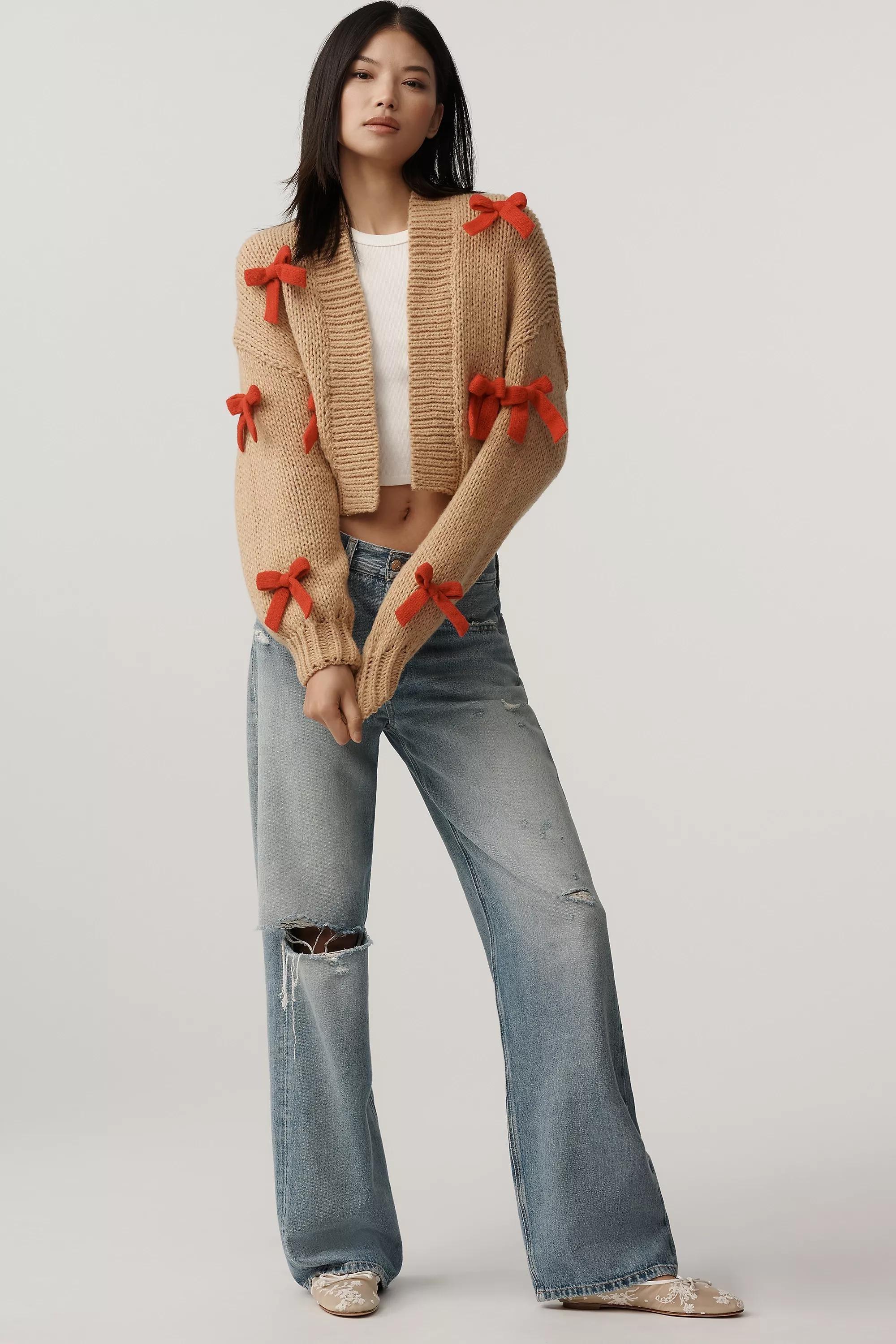 By Maeve Bow Cropped Cardigan, Brown, A501_0224, large image number 3