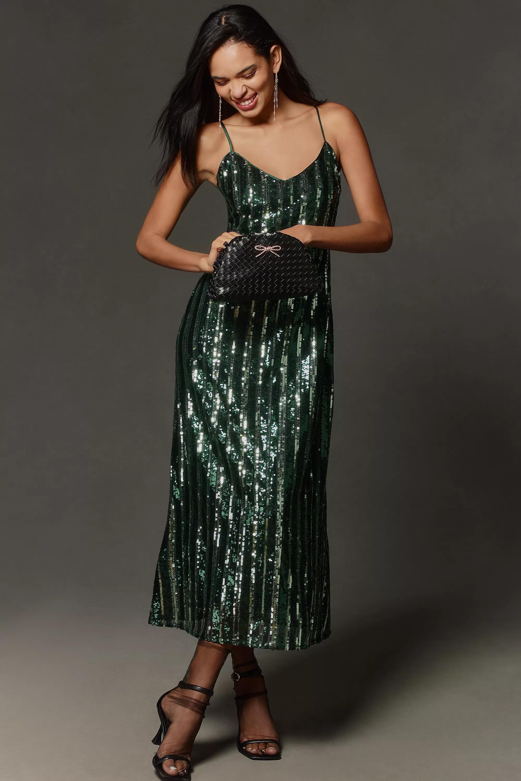 Anthropologie Sequined Slip Party Midi, Green, , large image number 0