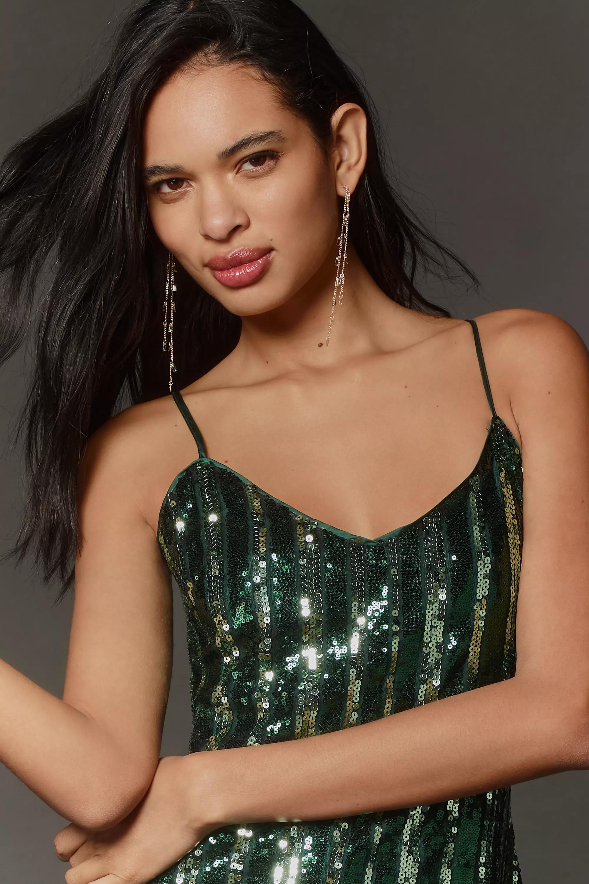 Anthropologie Sequined Slip Party Midi, Green, , large image number 1