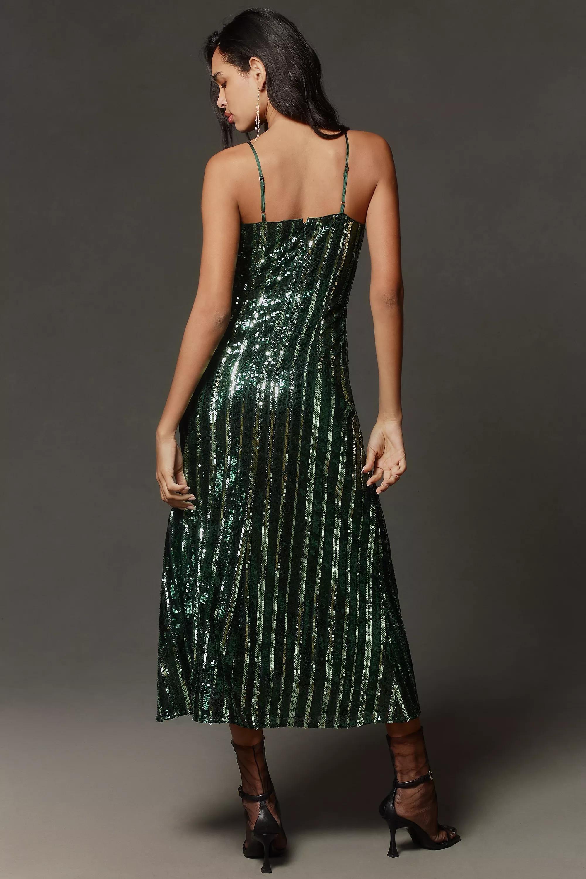 Anthropologie Sequined Slip Party Midi, Green, , large image number 2