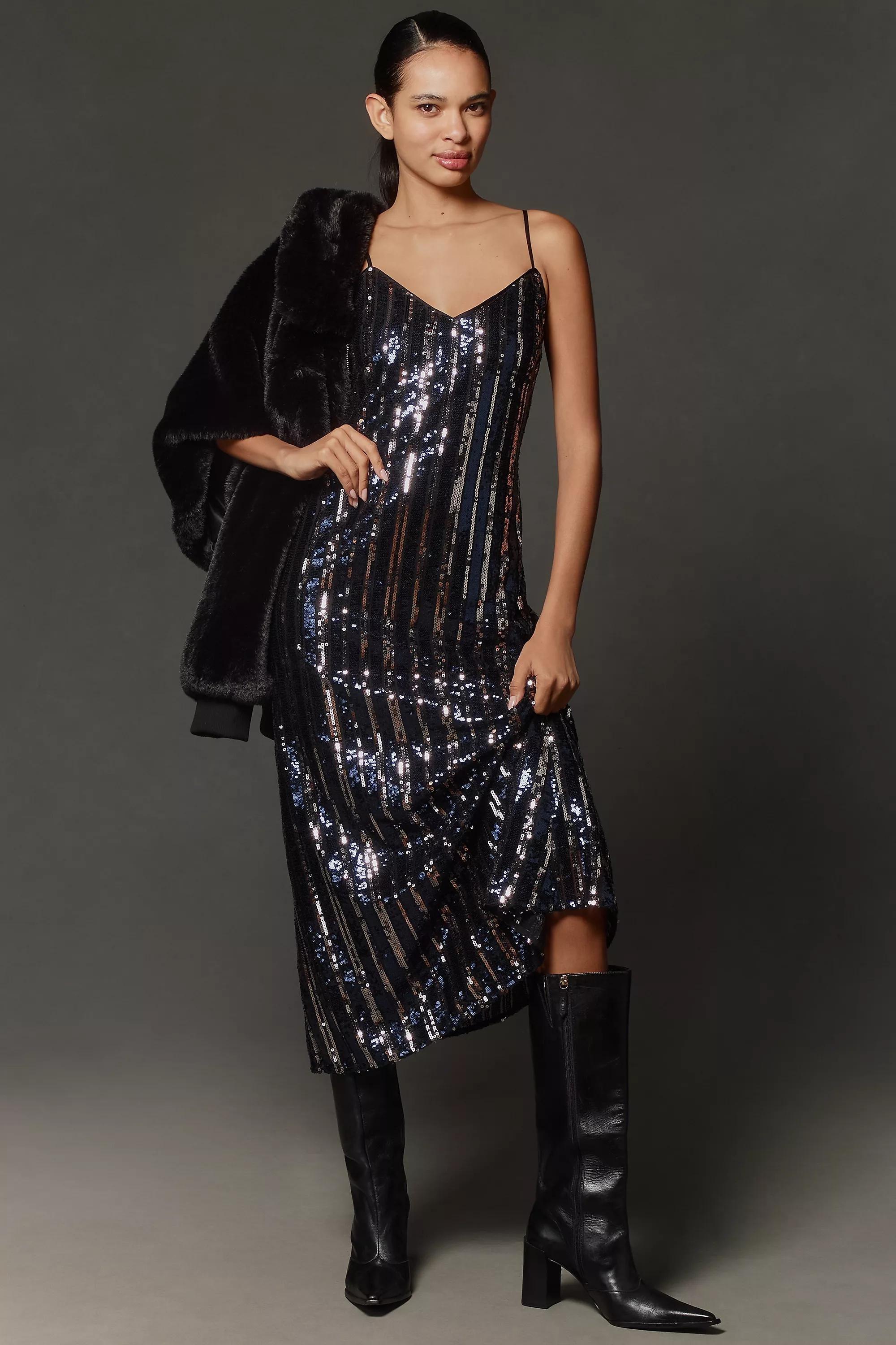 Anthropologie Sequined Slip Party Midi, Blue, , medium