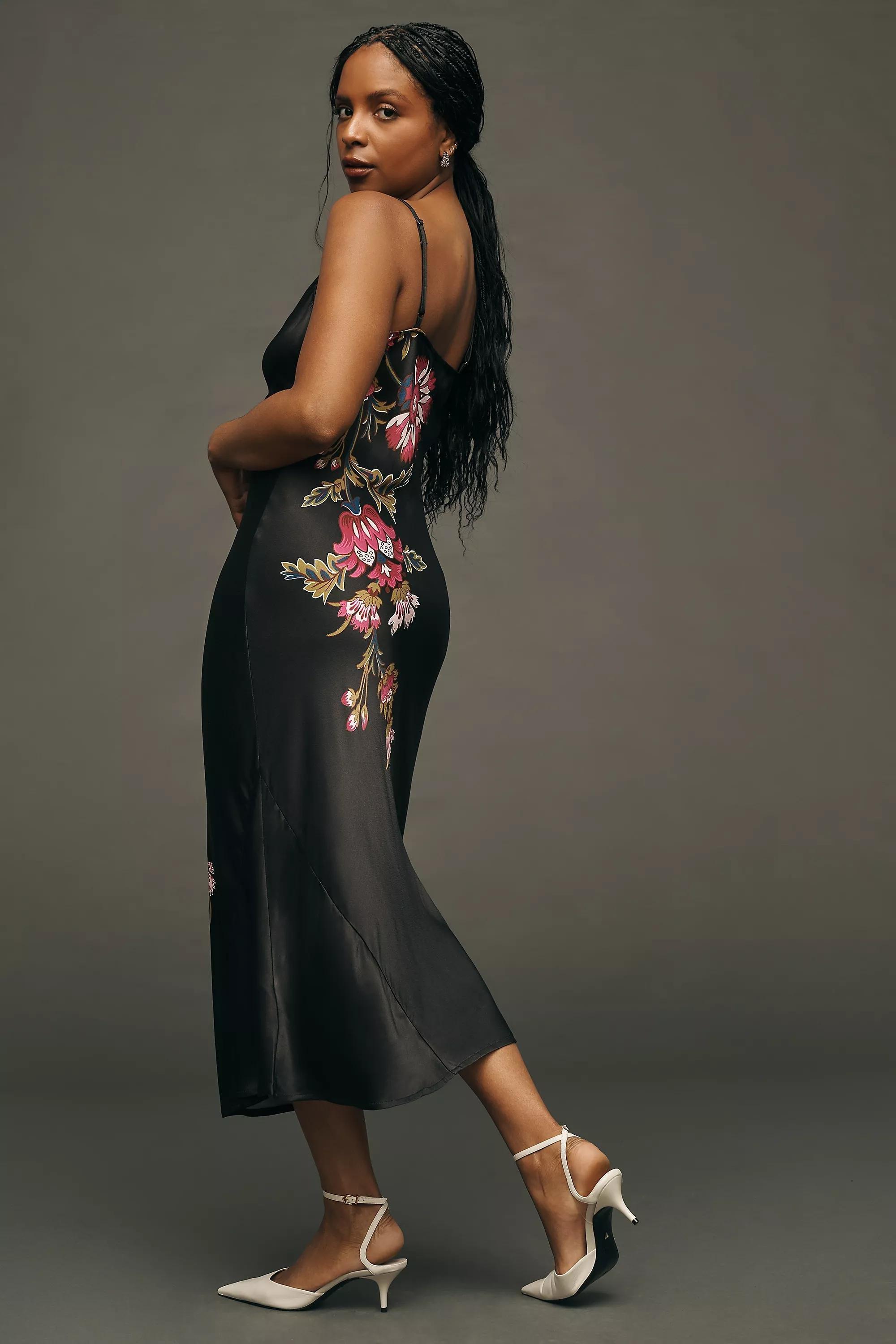 Anthropologie Floral Slip Midi, Black, , large image number 1