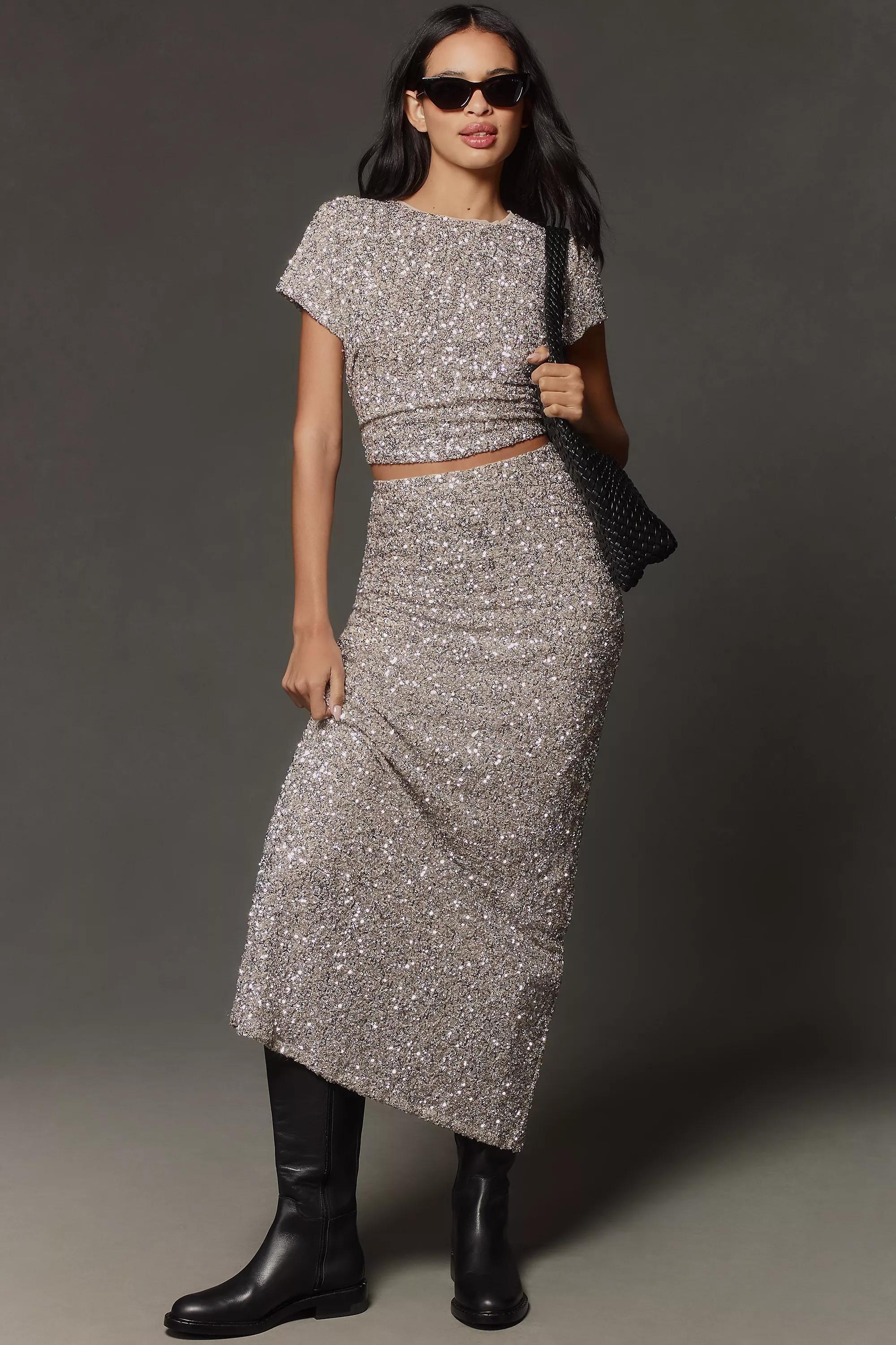 Anthropologie Textured Pencil Skirt, Silver, , large image number 1
