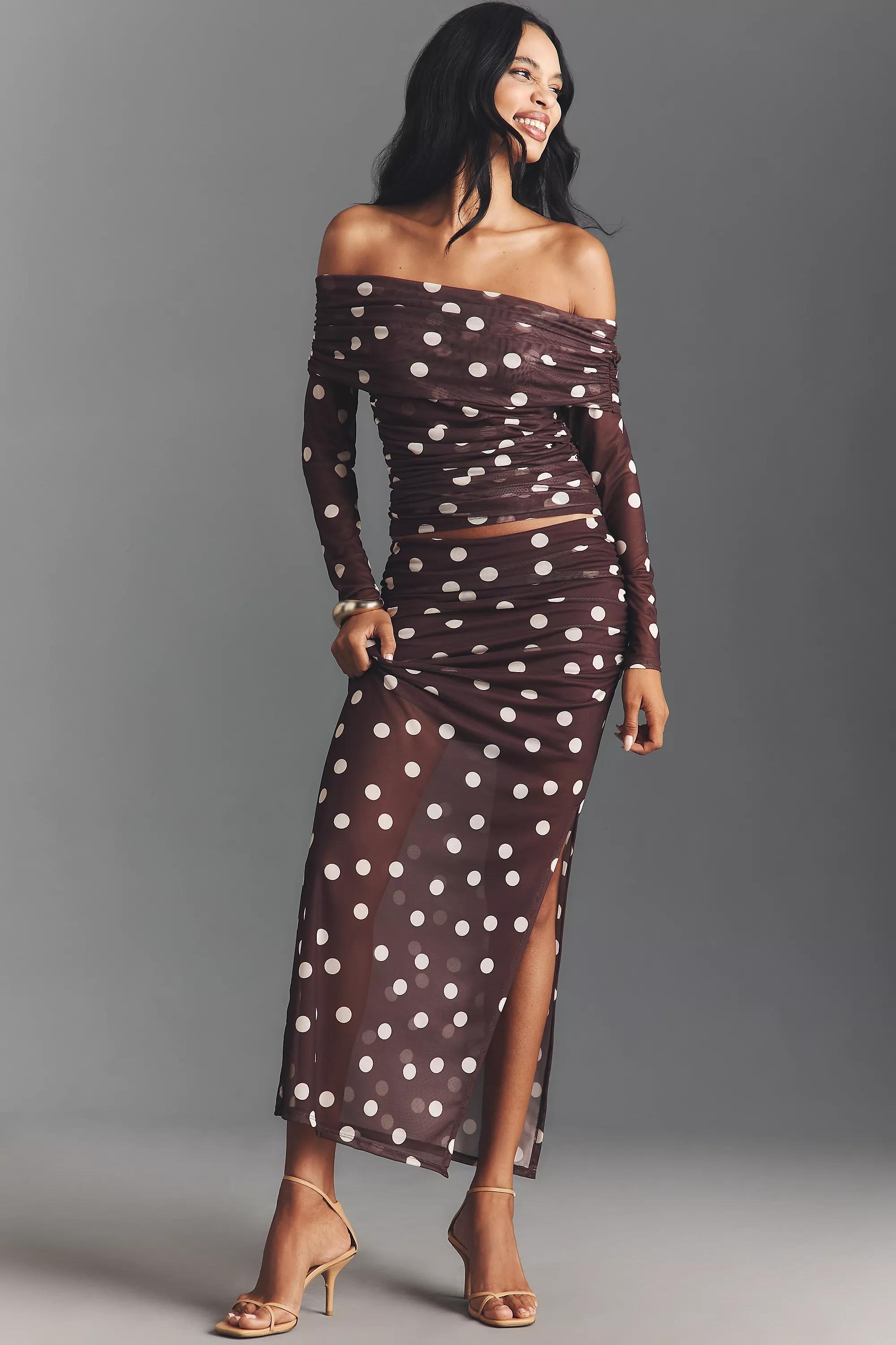 By Maeve Fitted Ruched Mesh Maxi Skirt, Brown, A501_0564, medium