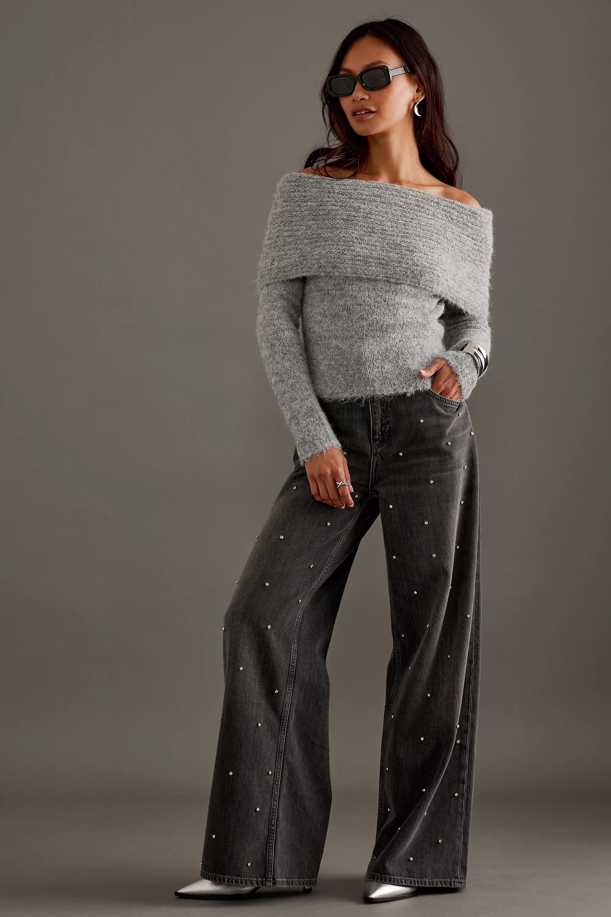 By Anthropologie Embellished Wide-Leg Jeans, Black, Black, large image number 0