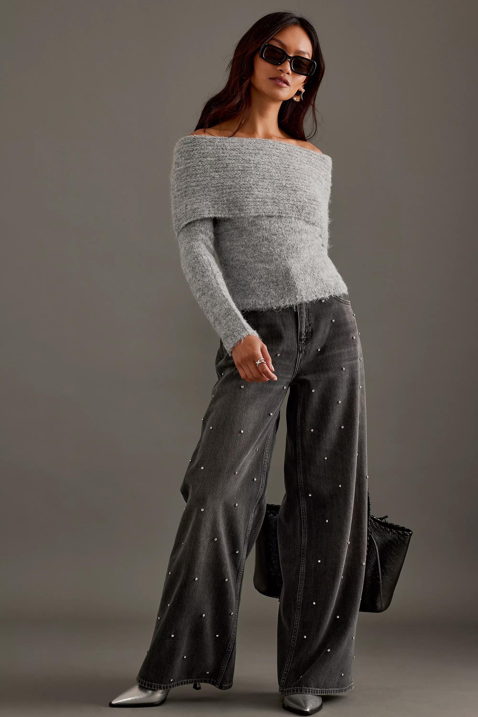 By Anthropologie Embellished Wide-Leg Jeans, Black, Black, large image number 3