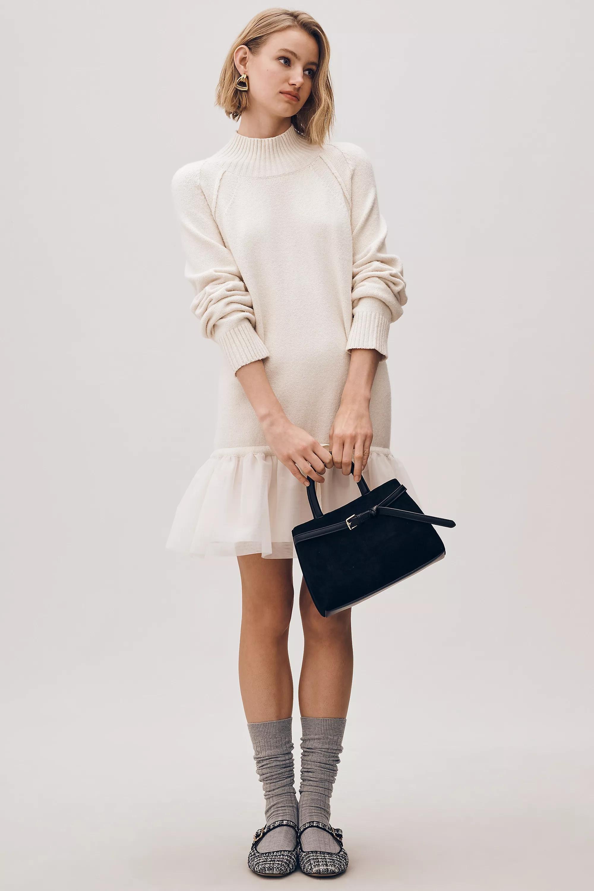 Long-Sleeve Turtleneck Tulle Twofer Mini Dress, White, A501_0011, large image number 3