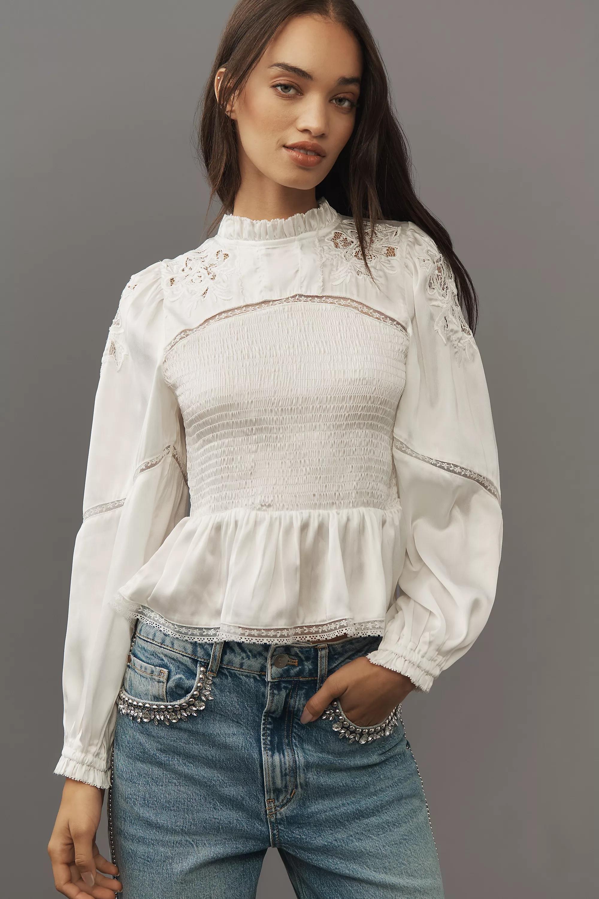 By Anthropologie Long-Sleeve Smocked Blouse, A501_0010, large image number 0