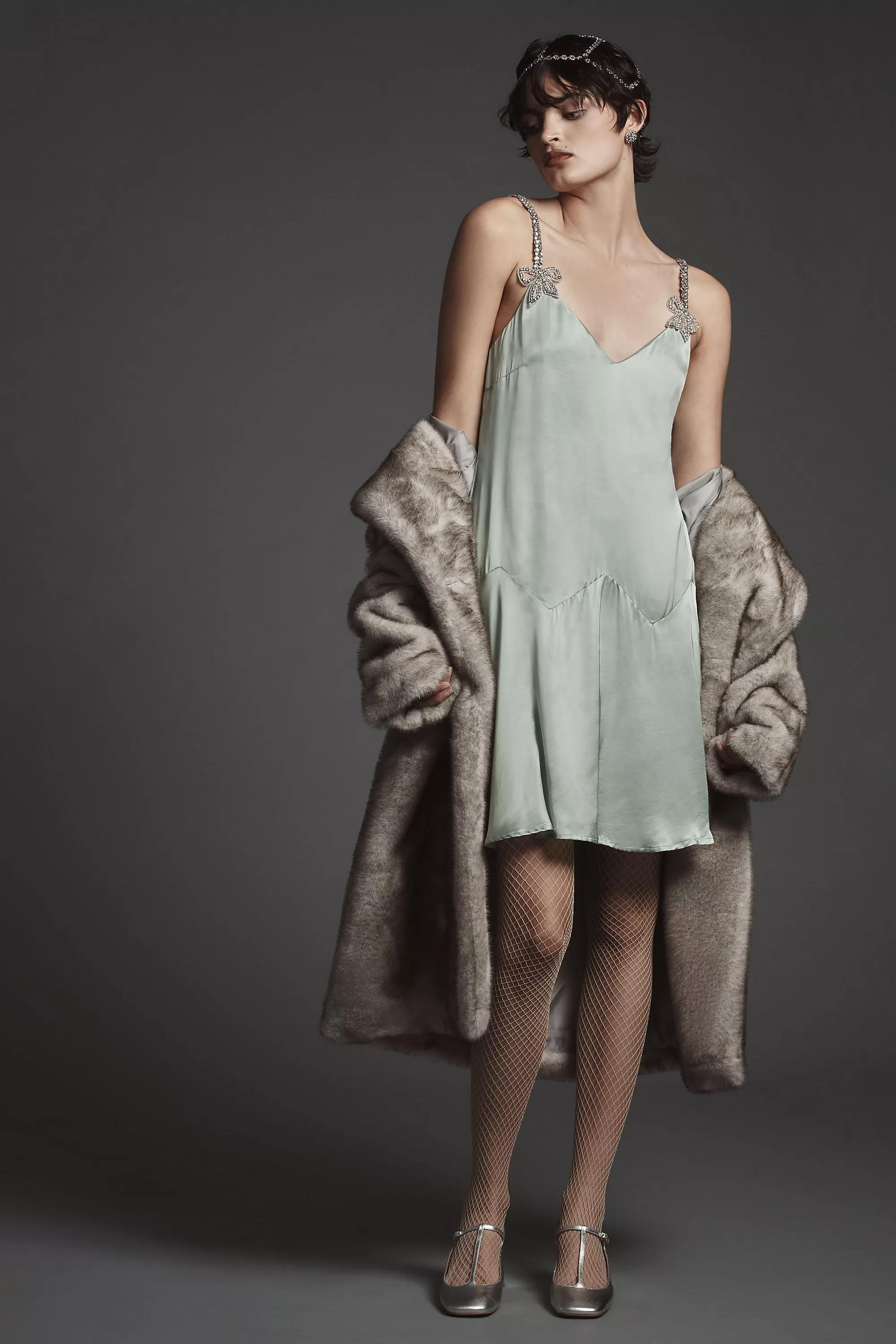 Anthropologie Fur Details Slip Mini Dress, Green, , medium