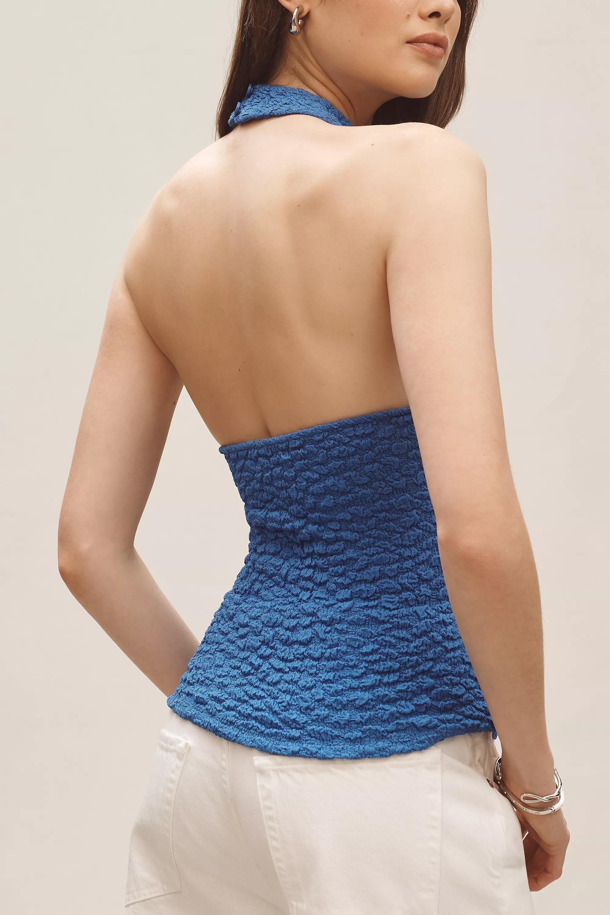 Anthropologie Textured High-Neck Halter Tank, Blue, A501_0040, medium