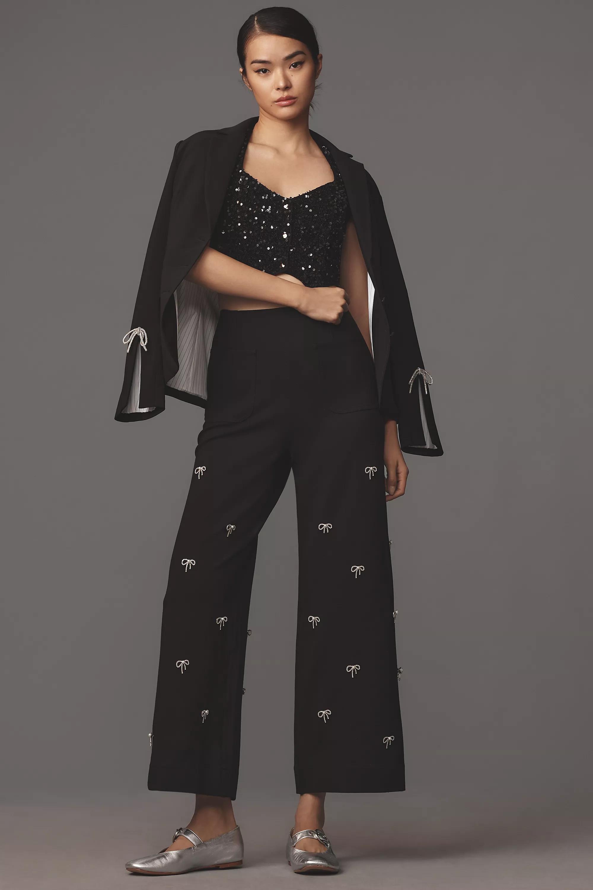 Anthropologie Embroidered Formal Trousers, Black, A501_0001, large image number 0